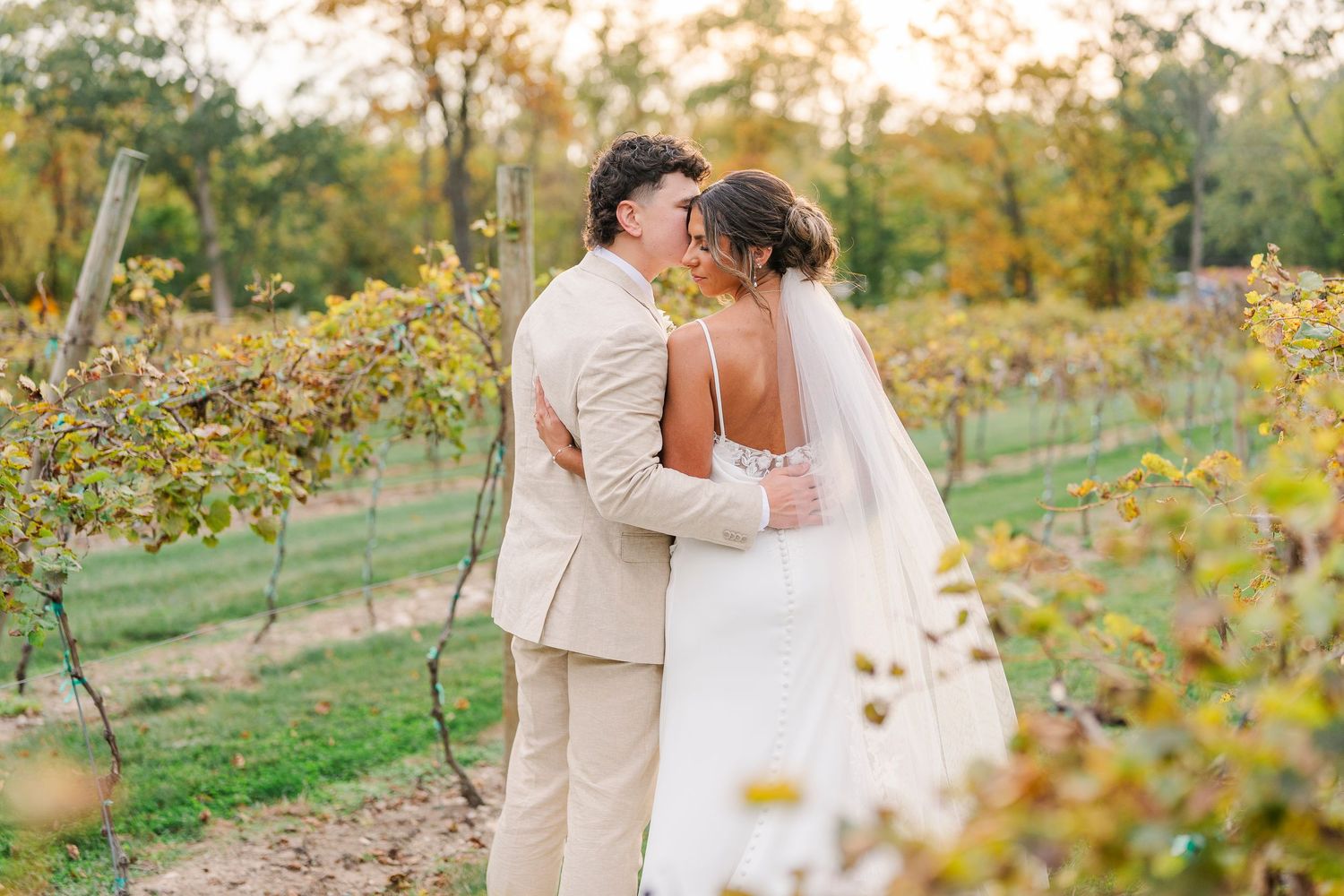 Bride and groom sharing a romantic kiss in a vineyard at golden hour, groom in tan suit.