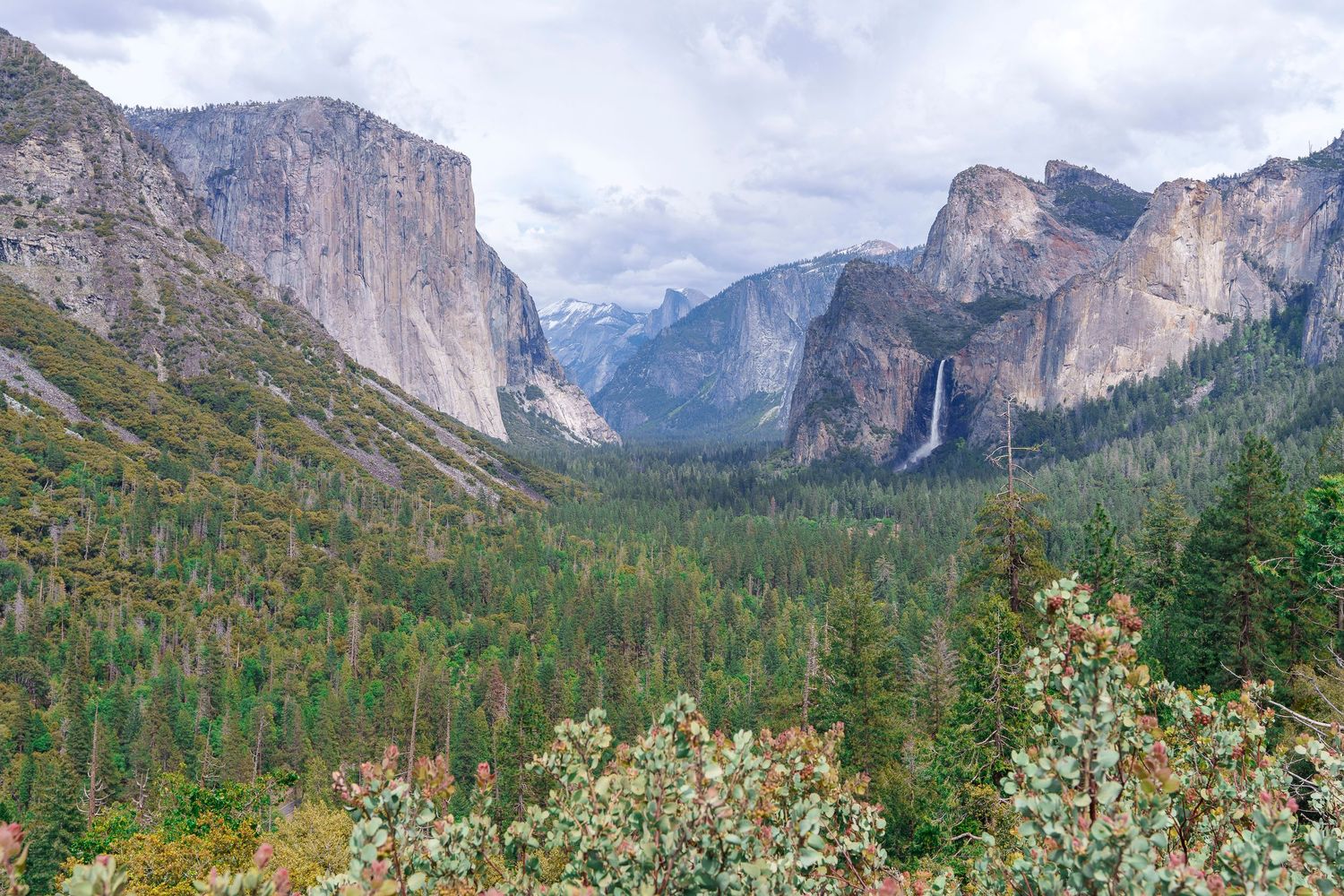Panoramic view of Yosemite Valley with El Capitan, Bridalveil Fall, and dense pine forests under cloudy skies.