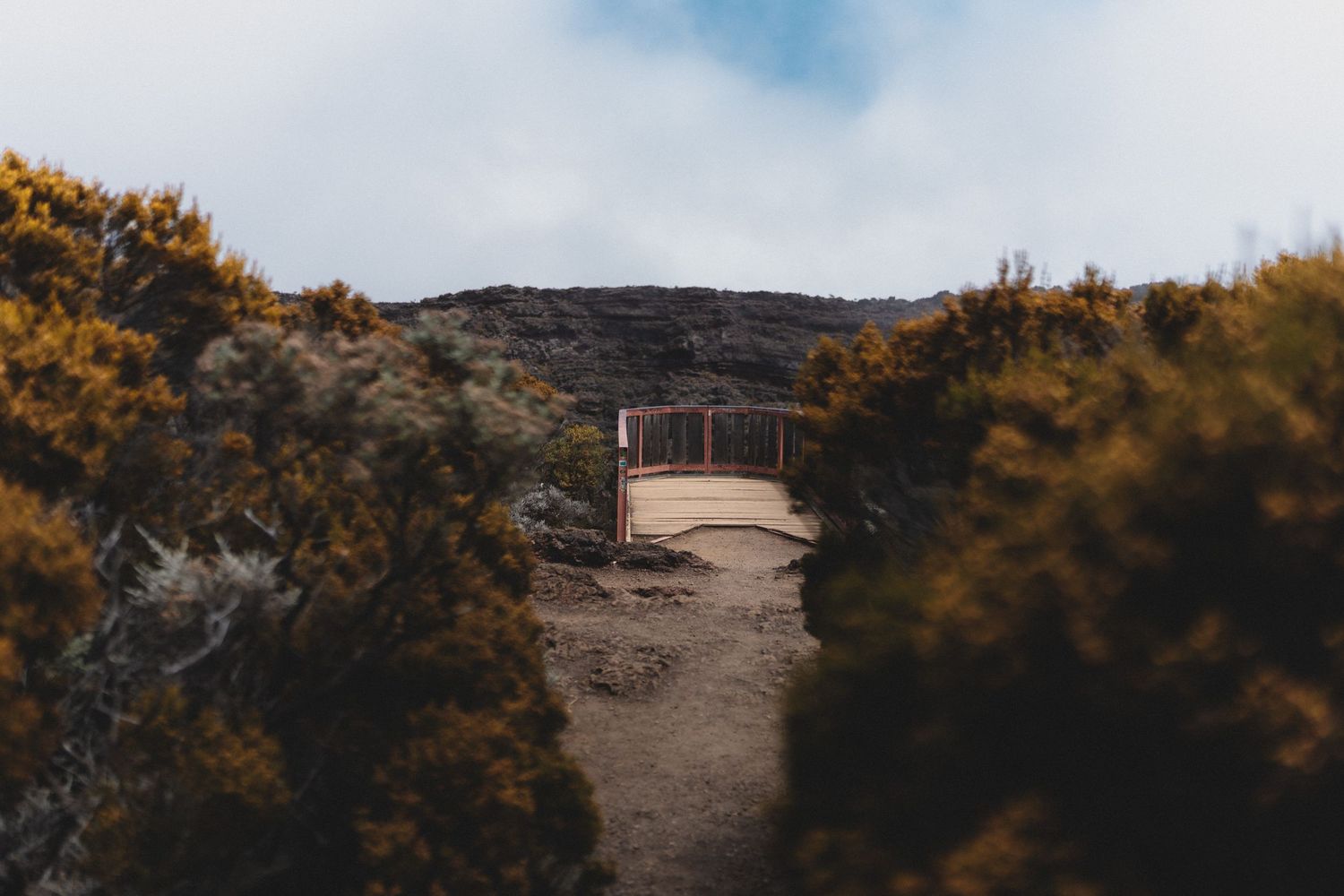 A narrow dirt trail leads through golden shrubs to a wooden bridge on a rocky hillside under a cloudy sky.