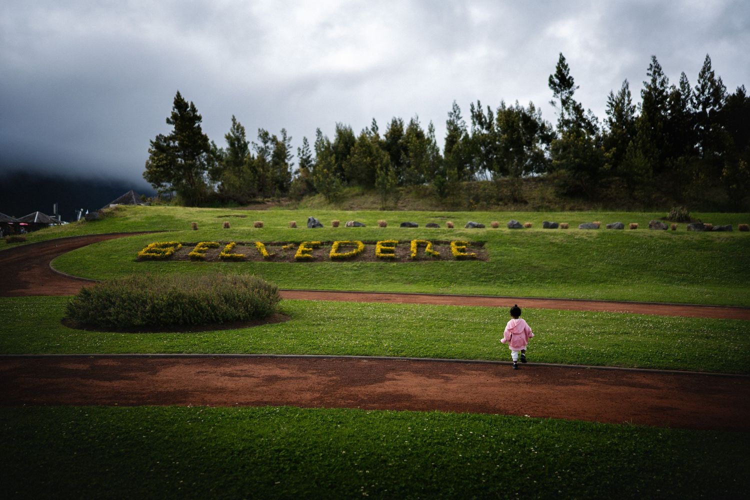 Person walking toward yellow flower letters spelling BELVEDERE on a lush green hillside under cloudy skies.