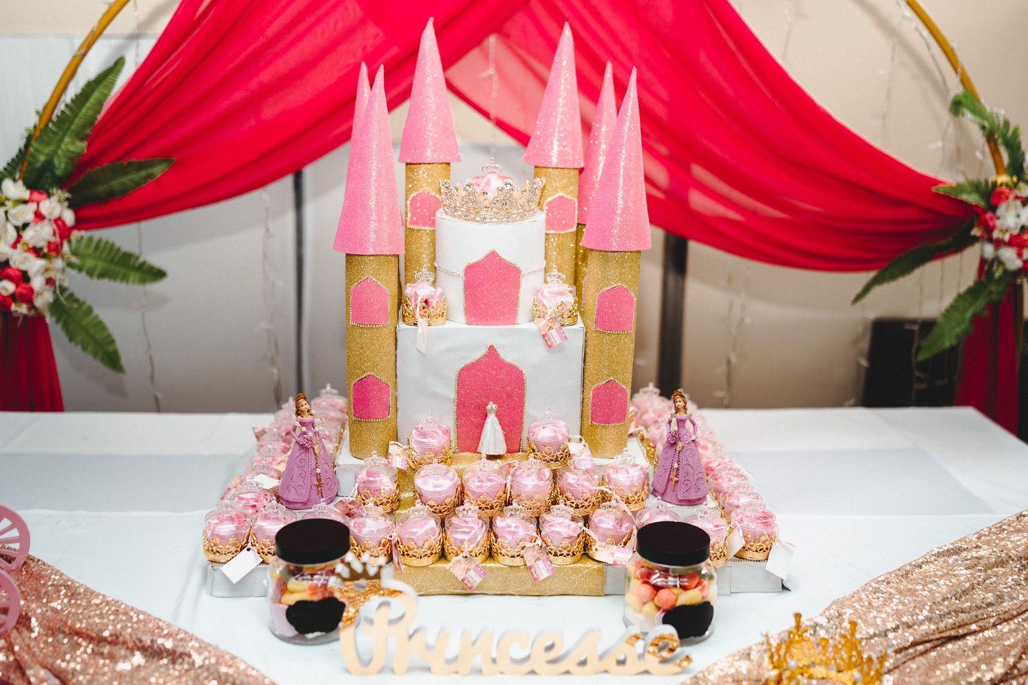 Pink princess castle birthday cake with gold accents surrounded by cupcakes and figurines on a glittery rose gold table.