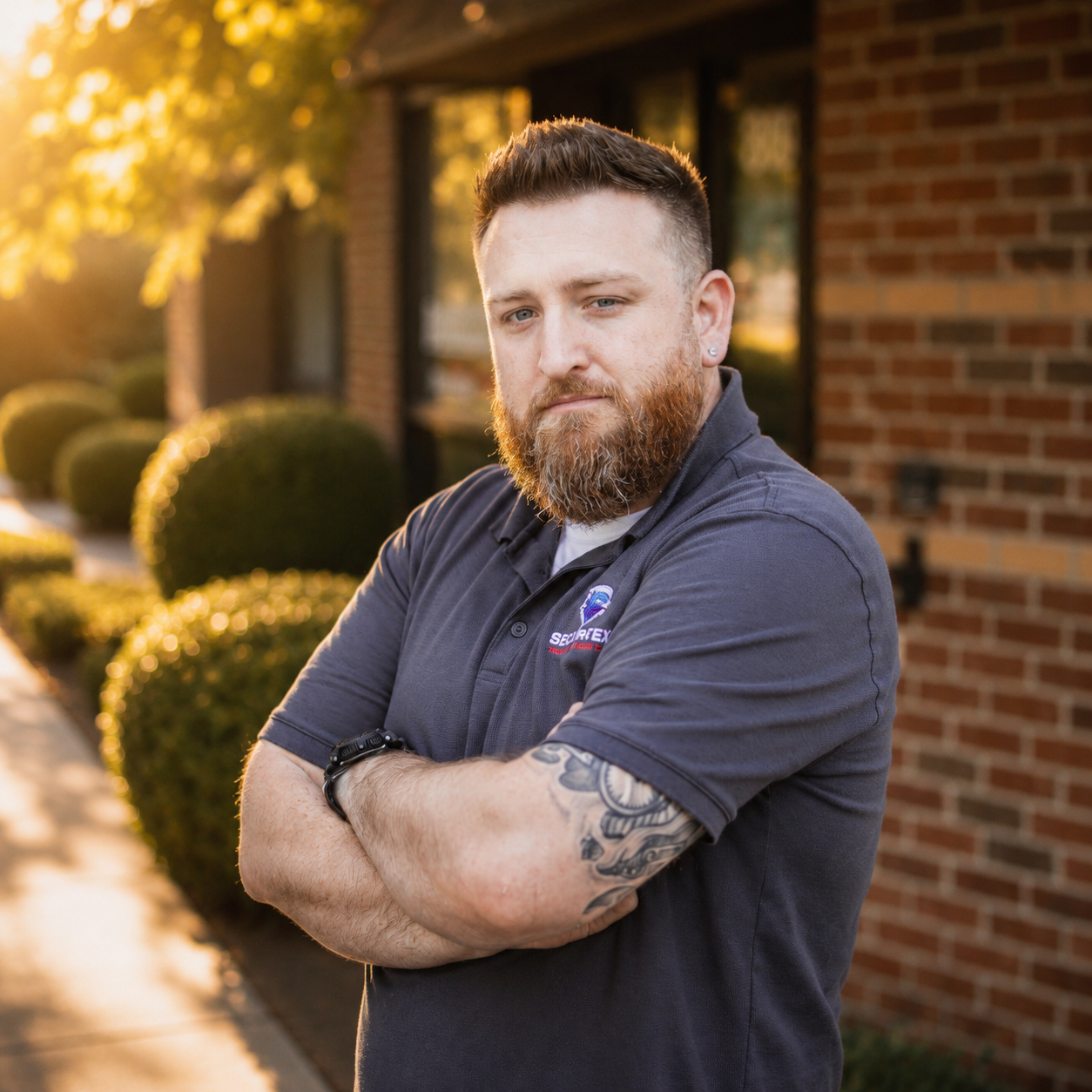 Bearded security technician with tattoos stands arms crossed wearing gray company polo shirt outdoors.