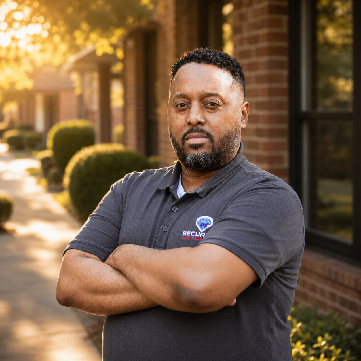 Serious security professional in gray polo shirt stands with arms crossed on sunny outdoor walkway.