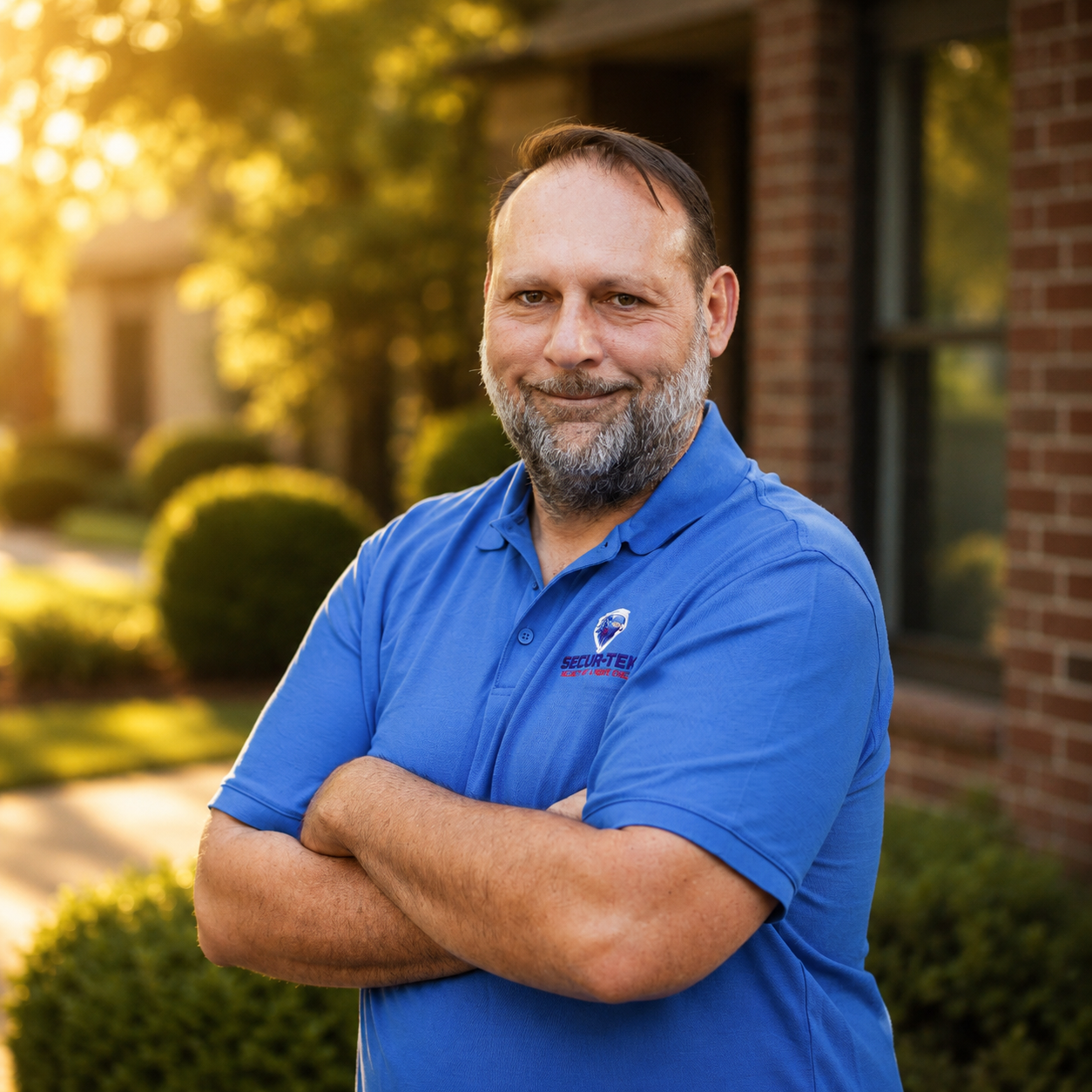 Smiling bearded man in blue security company polo shirt stands with arms crossed outdoors at sunset.