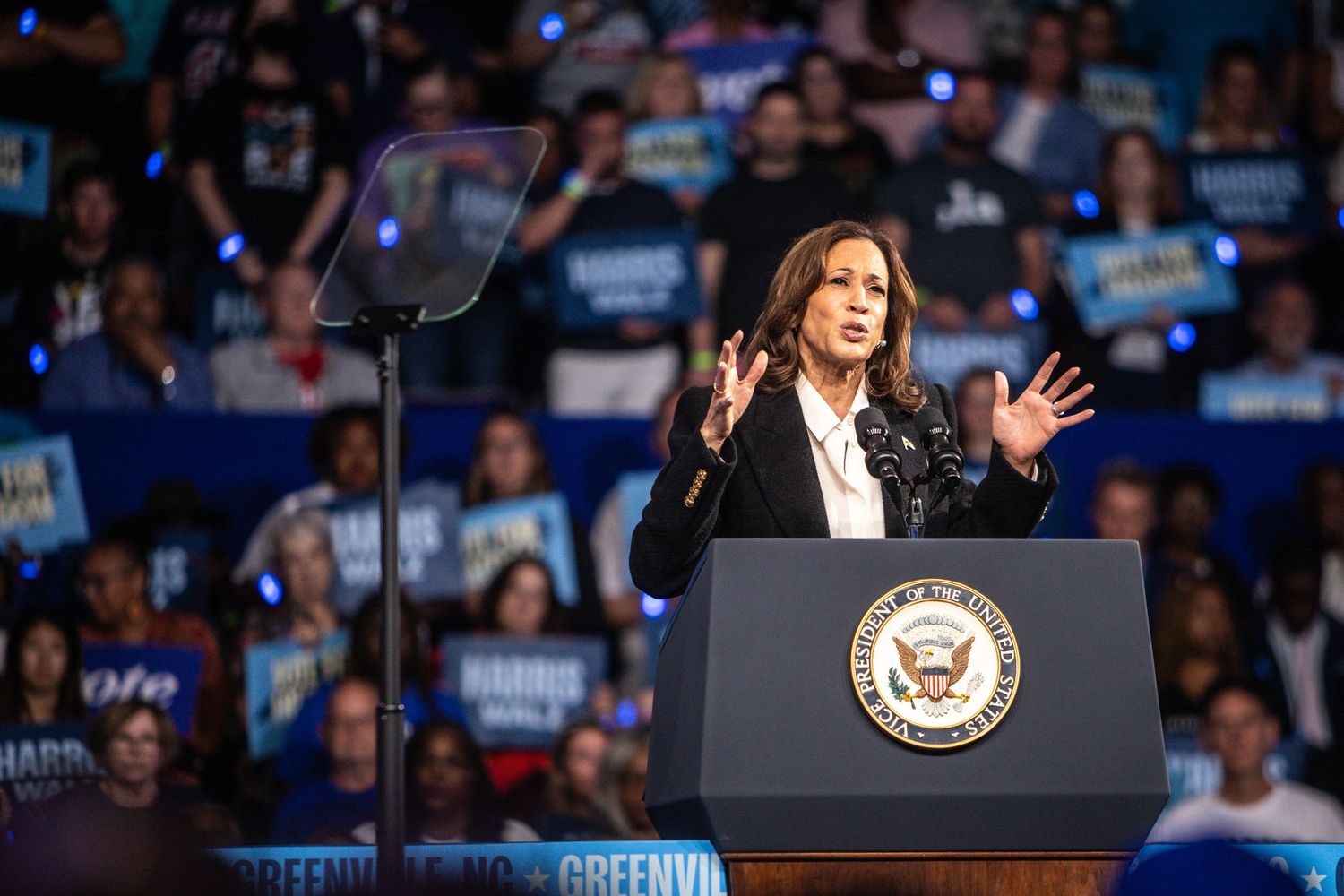 A female politician gestures expressively while delivering a speech at a Harris-Walz campaign rally in Greenville.