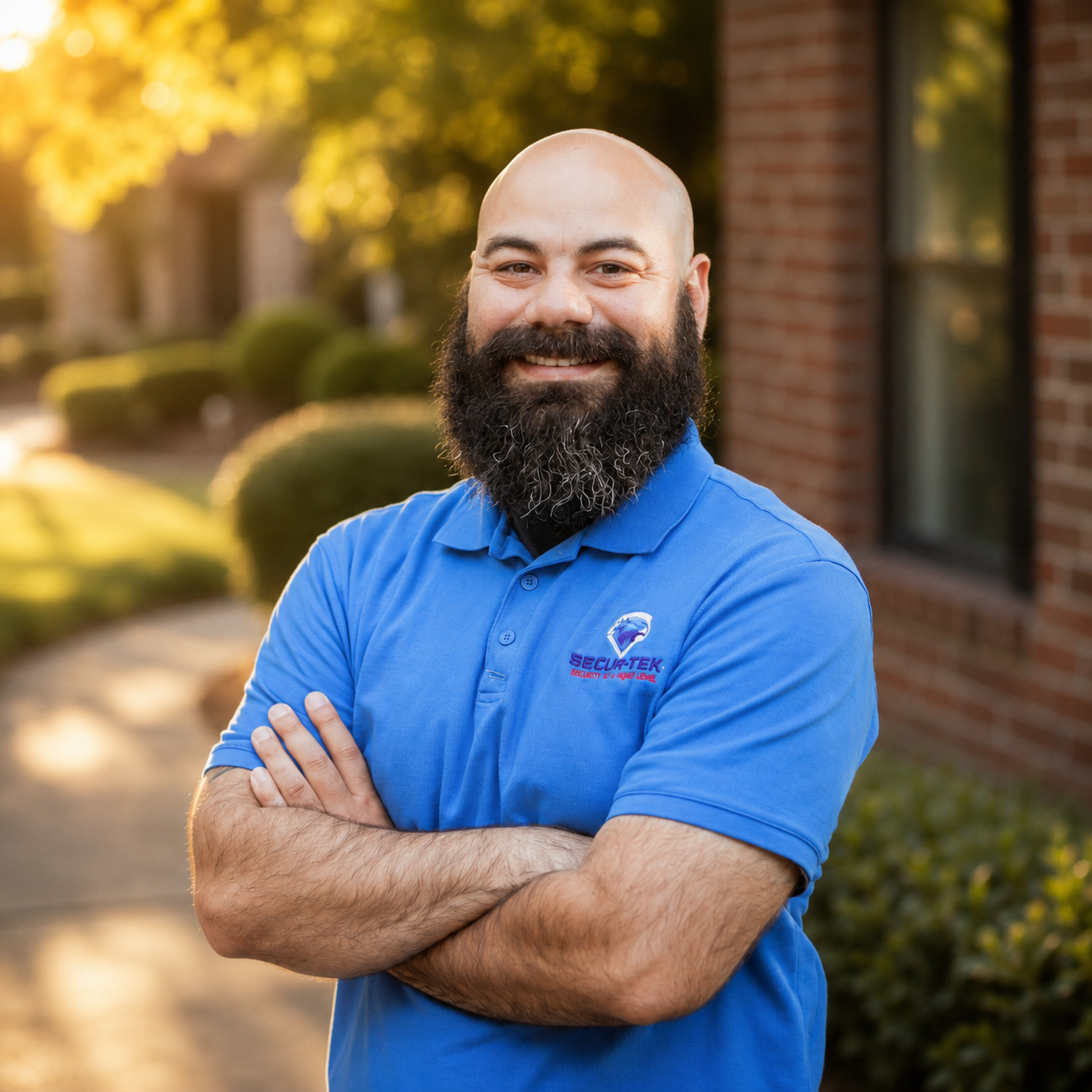 Bald bearded man in blue Securtek polo shirt smiles with arms crossed in sunny outdoor setting.