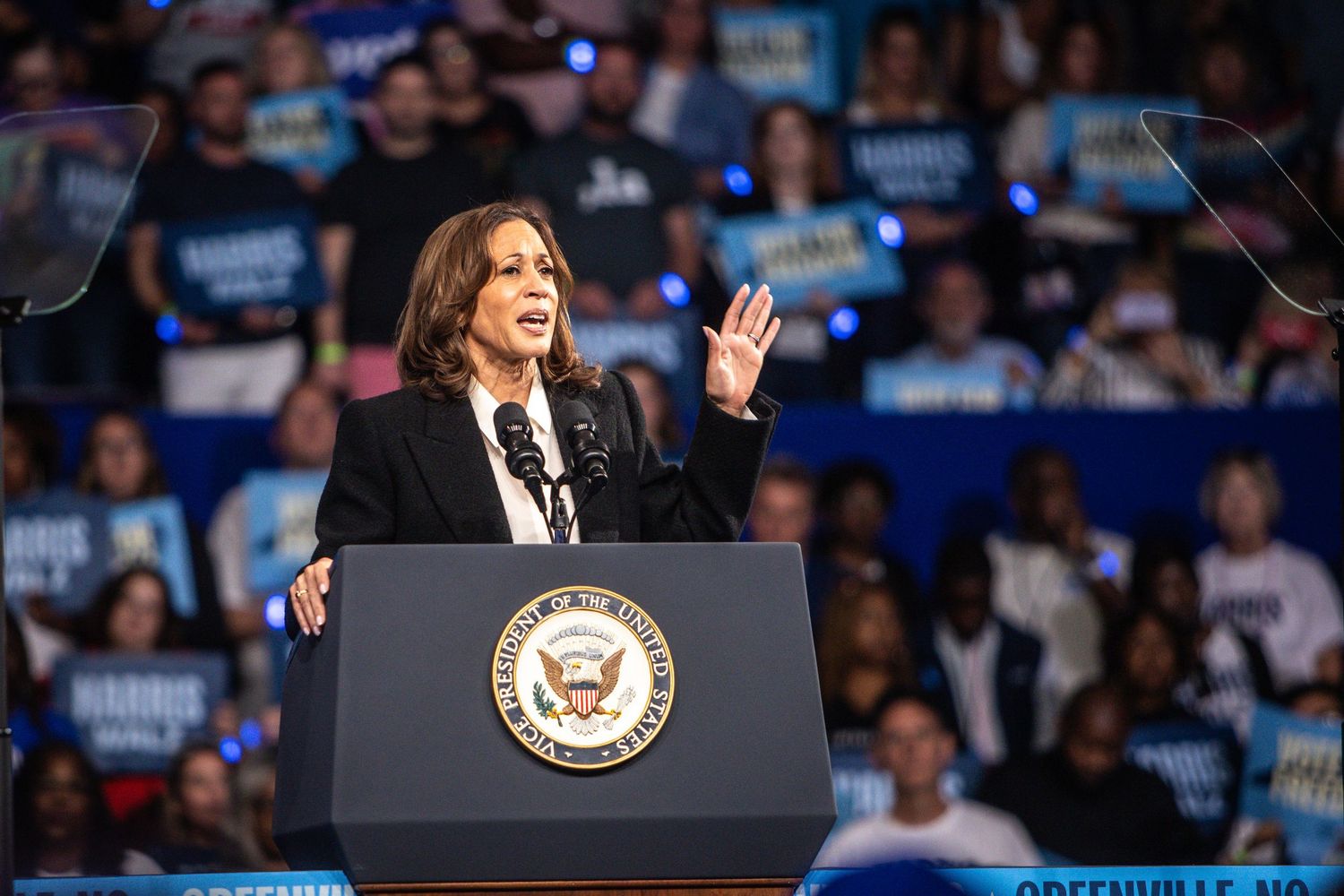 A female politician raises her hand while speaking at a Harris-Walz presidential campaign rally in Greenville.