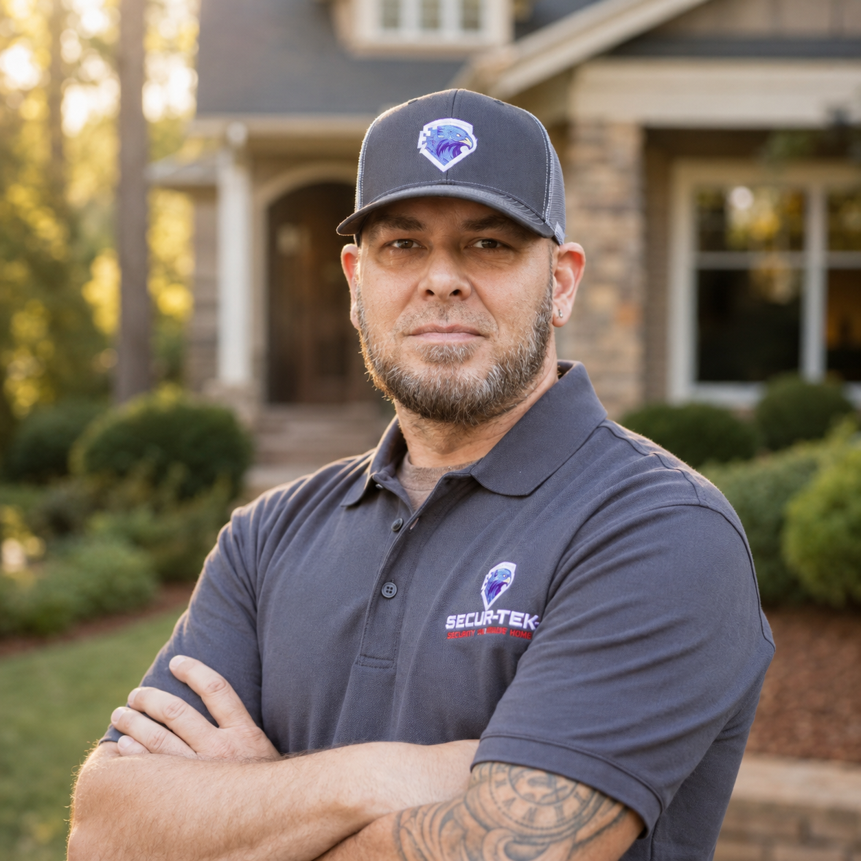 Security technician in uniform cap and polo shirt stands confidently with arms crossed in front of suburban home.