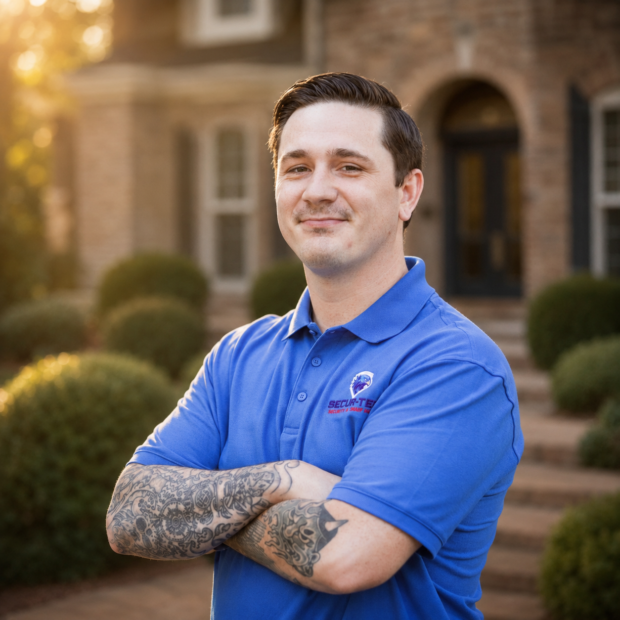 Tattooed man in blue polo shirt stands confidently with arms crossed in front of a brick home at sunset.
