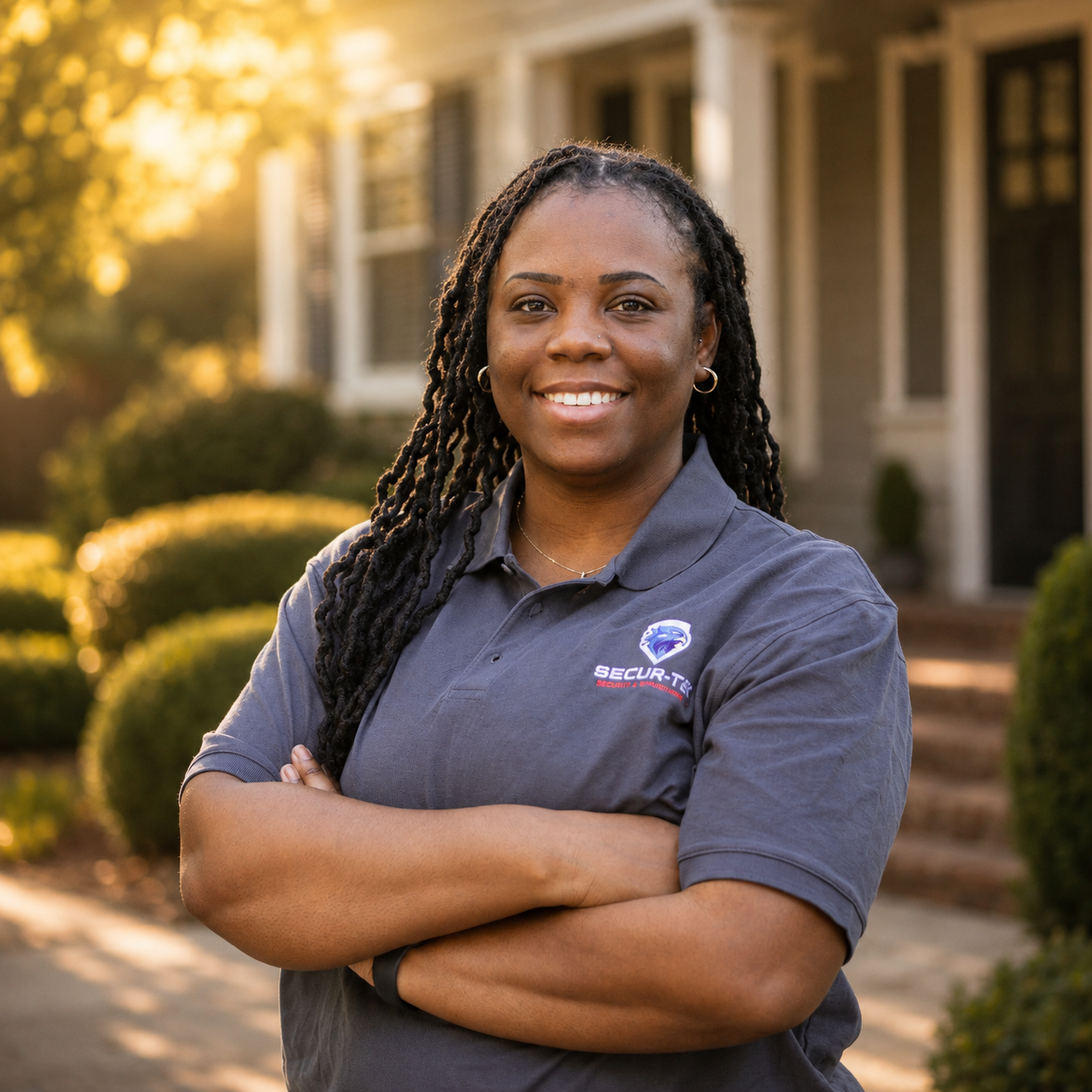 Smiling woman with braids in gray Secur-Tek polo stands confidently with arms crossed outside a home.