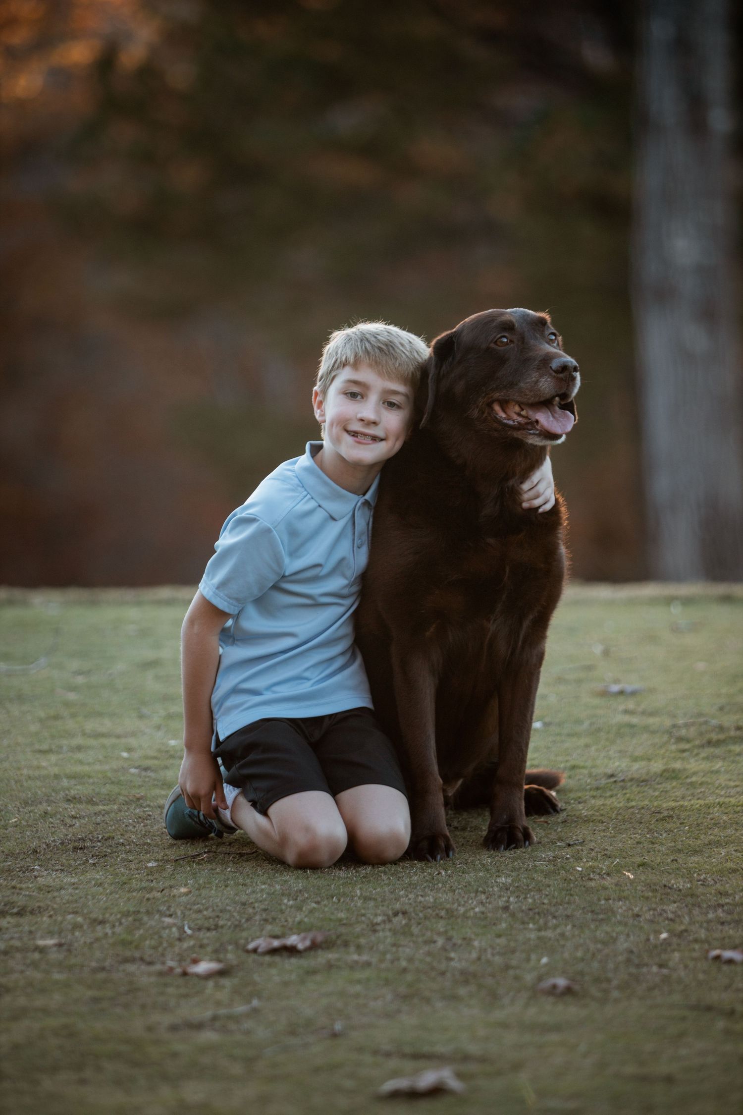 Happy young boy leaning against a chocolate Lab dog while posing for a portrait at golden hour.
