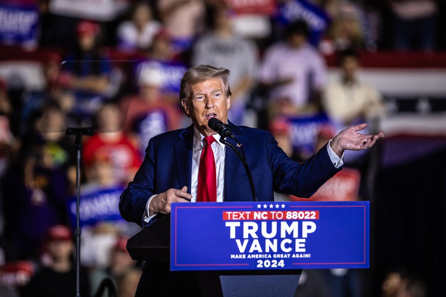 Donald Trump gestures while speaking at a Trump Vance Make America Great Again 2024 rally in North Carolina.