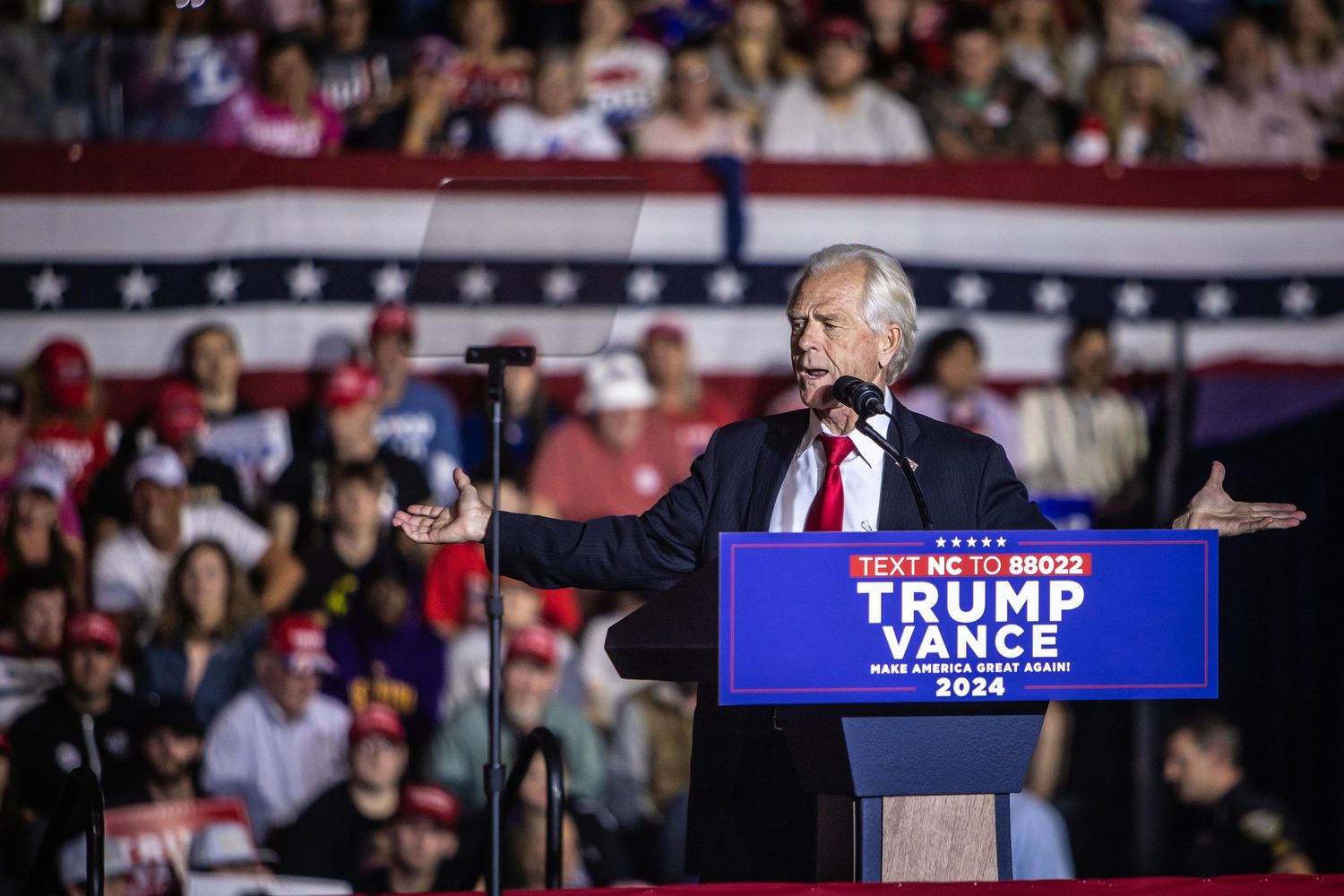 Speaker addresses crowd at Trump Vance 2024 Make America Great Again rally.