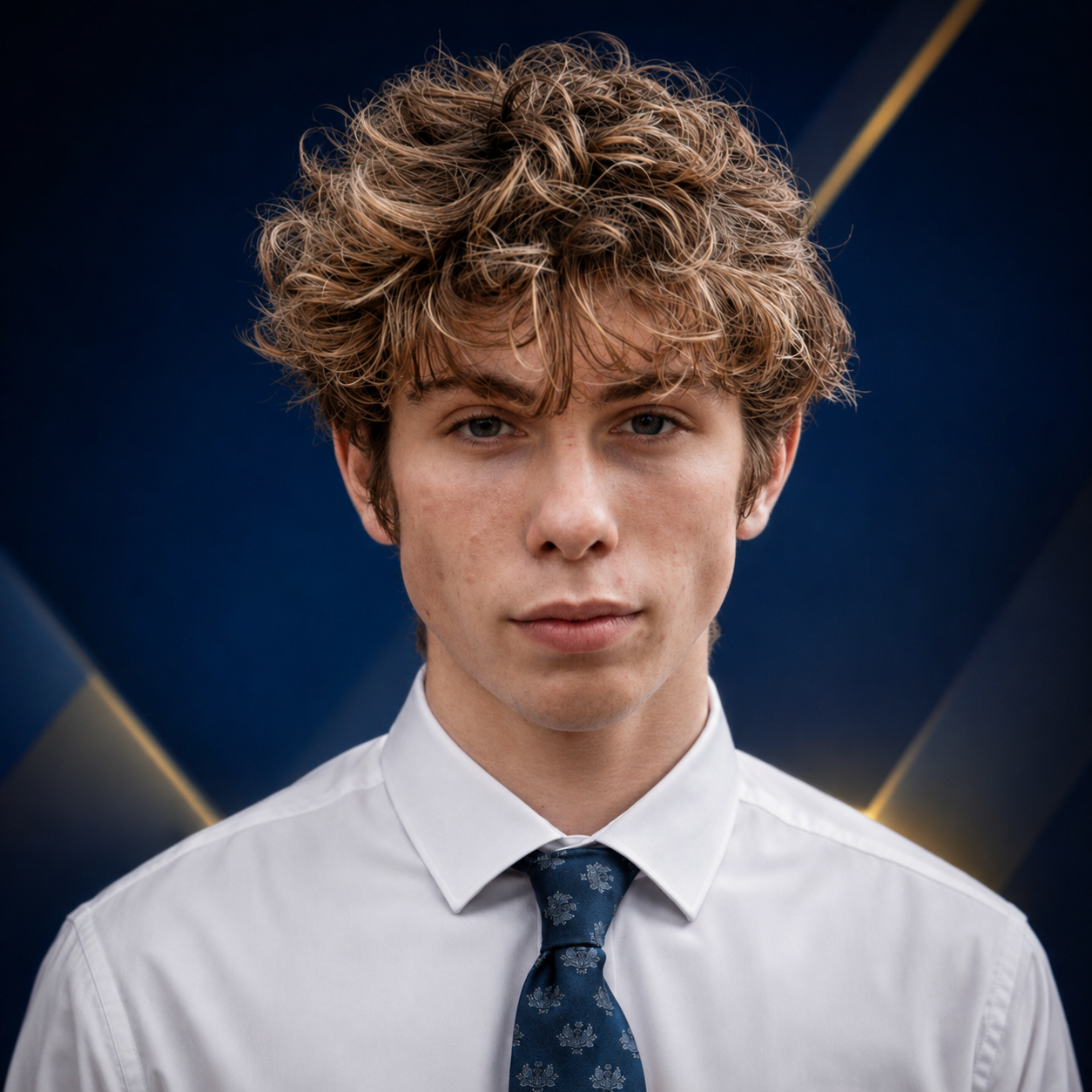 Teen boy in white shirt and tie poses for formal school portrait against blue geometric background.
