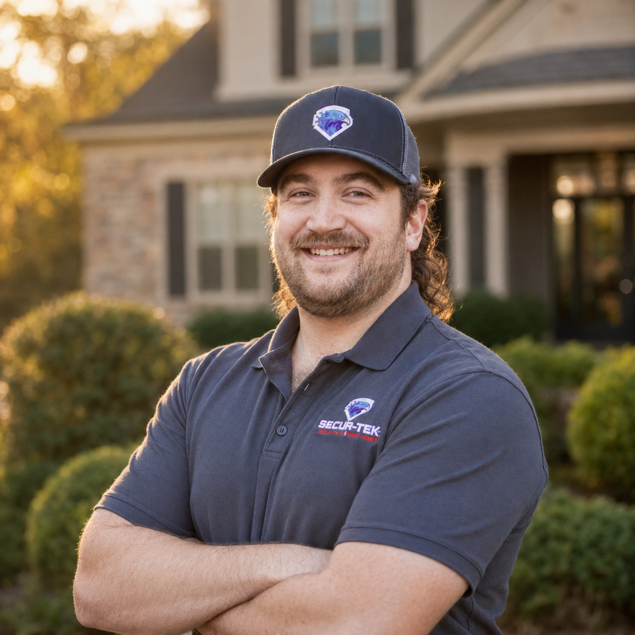 Smiling man in dark polo and cap stands with arms crossed in front of a suburban home at golden hour.