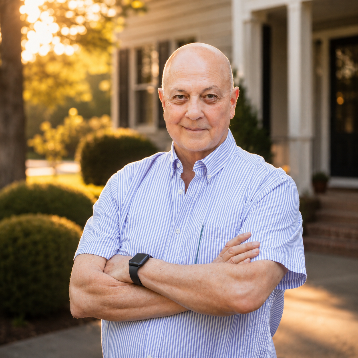 Confident older man in blue striped shirt stands with arms crossed in front of a suburban home at sunset.