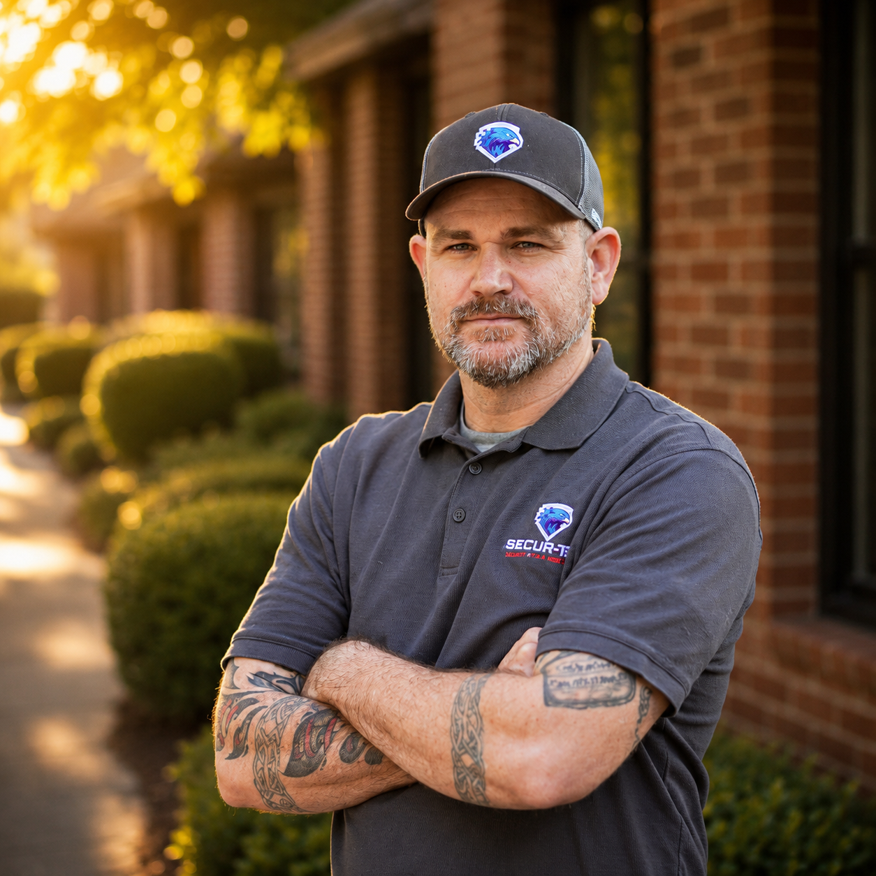 Male security professional with tattoos stands arms crossed in gray Securtek polo shirt outdoors.