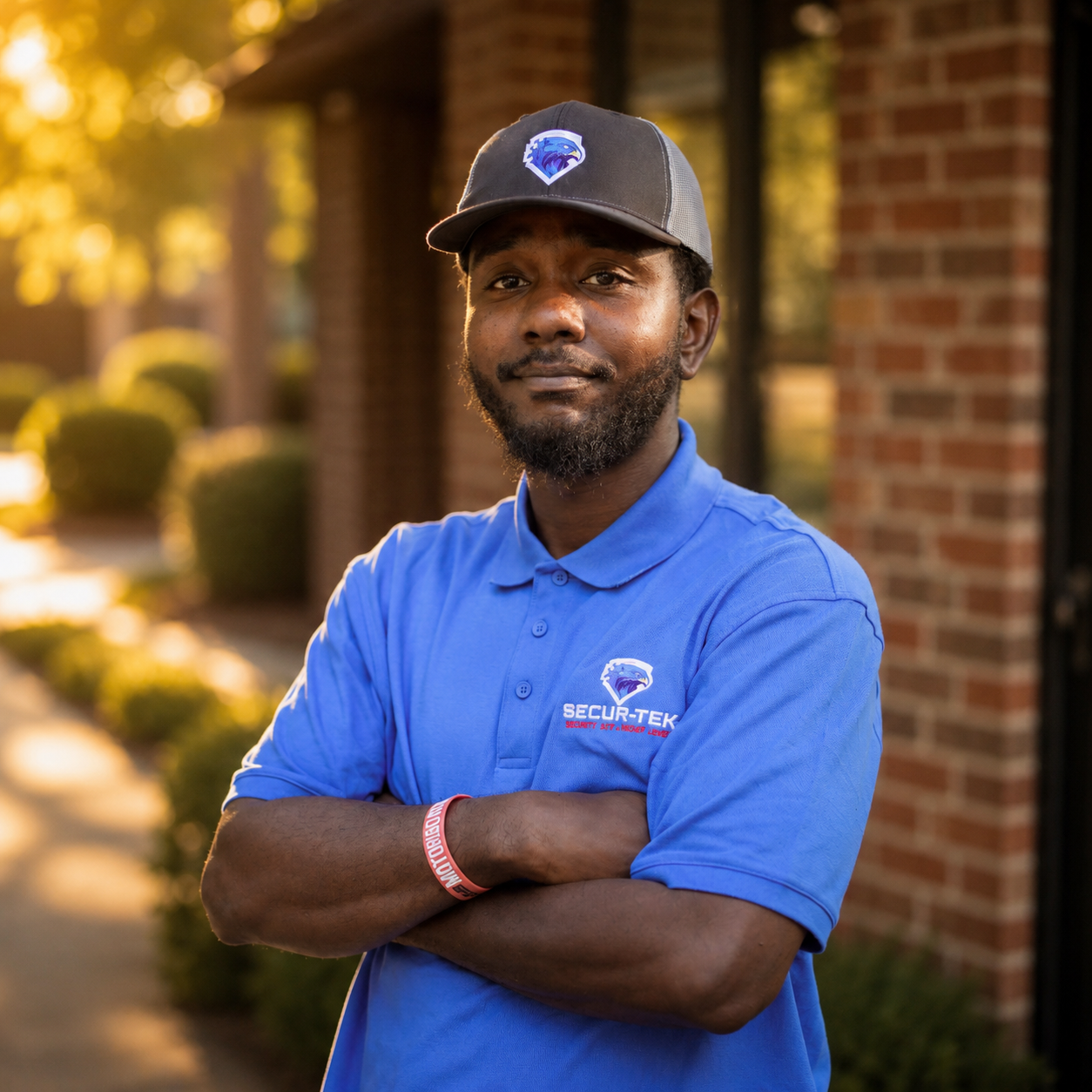 Smiling security professional in blue Securtek polo shirt and cap stands with arms crossed outdoors.