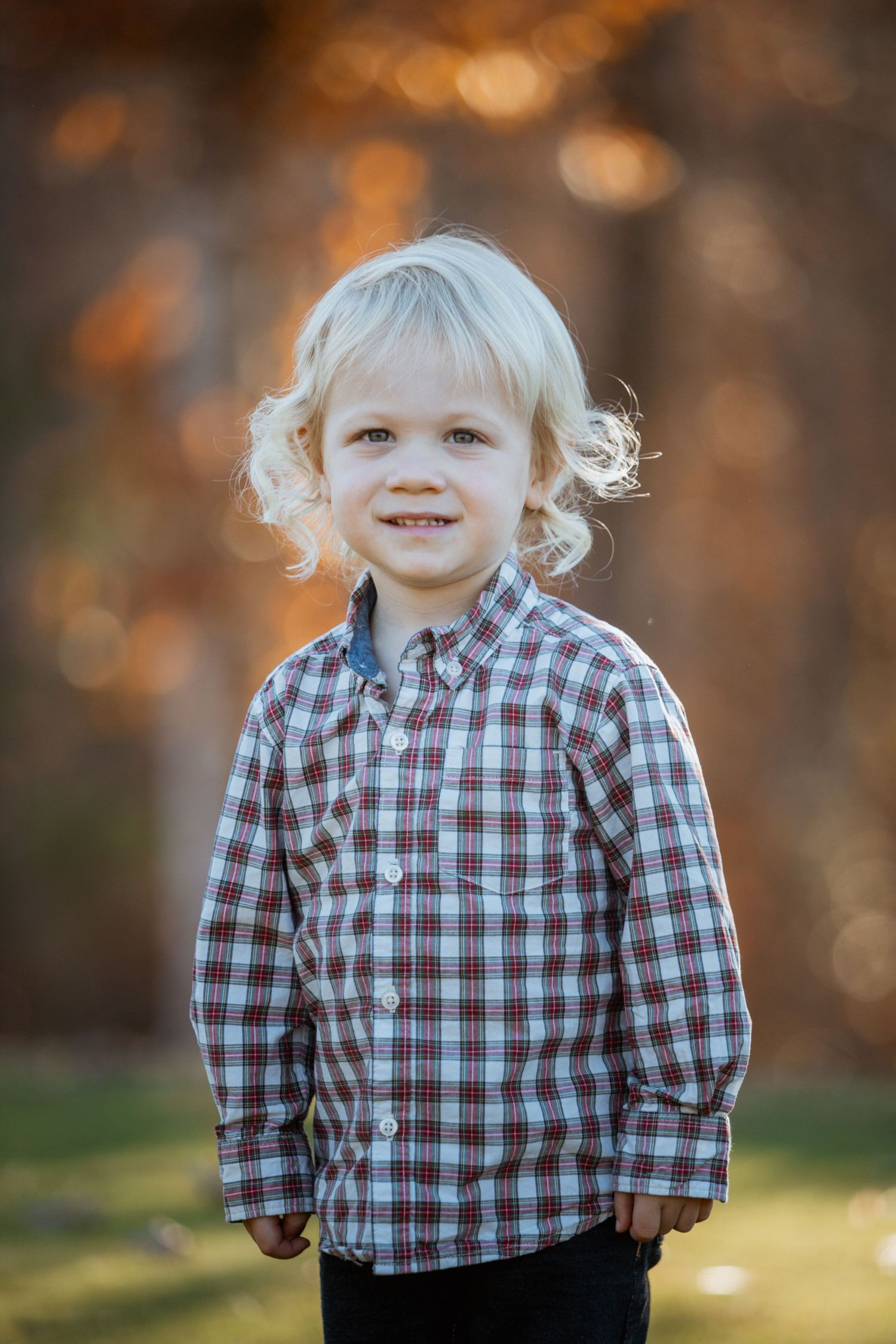 A smiling blonde curly-haired toddler boy in a plaid shirt stands outdoors in warm autumn light.