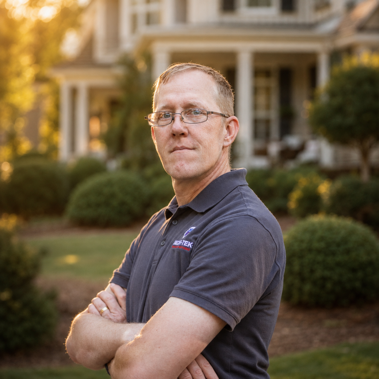 Professional man in gray polo with glasses stands arms crossed in front of a well-landscaped home.