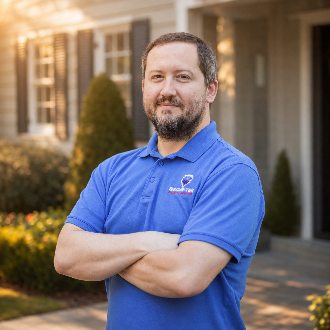 Bearded man in blue Recur-Tek polo stands with arms crossed in front of a home in warm sunset light.