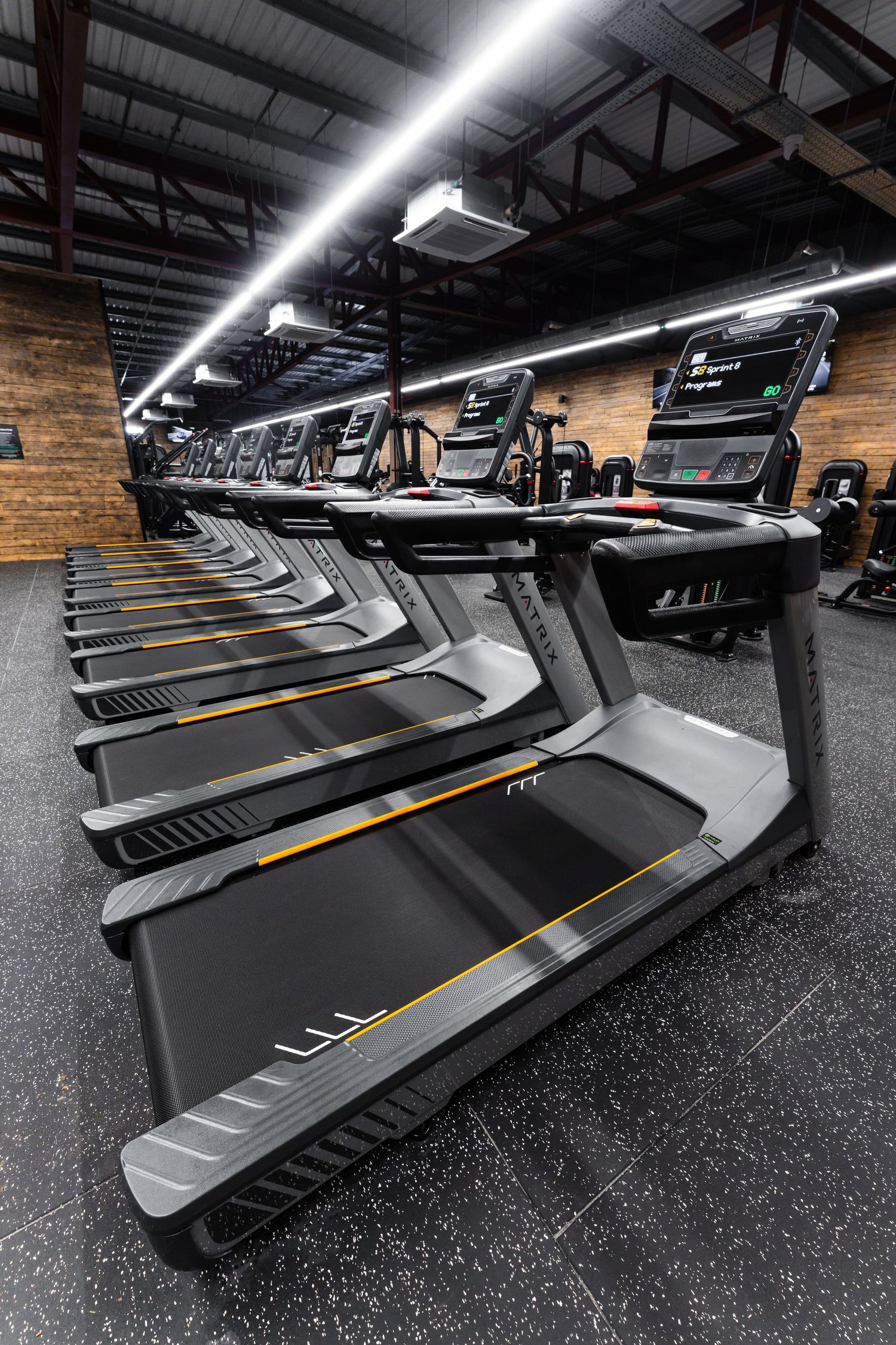 Matrix treadmills lined up in open gym floor