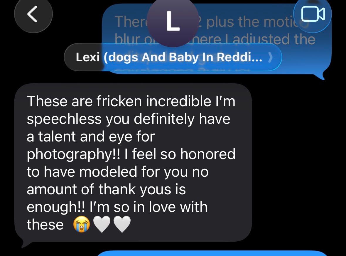 Screenshot of a heartfelt text message praising photography skills, expressing gratitude for being modeled, sent via a messaging app.