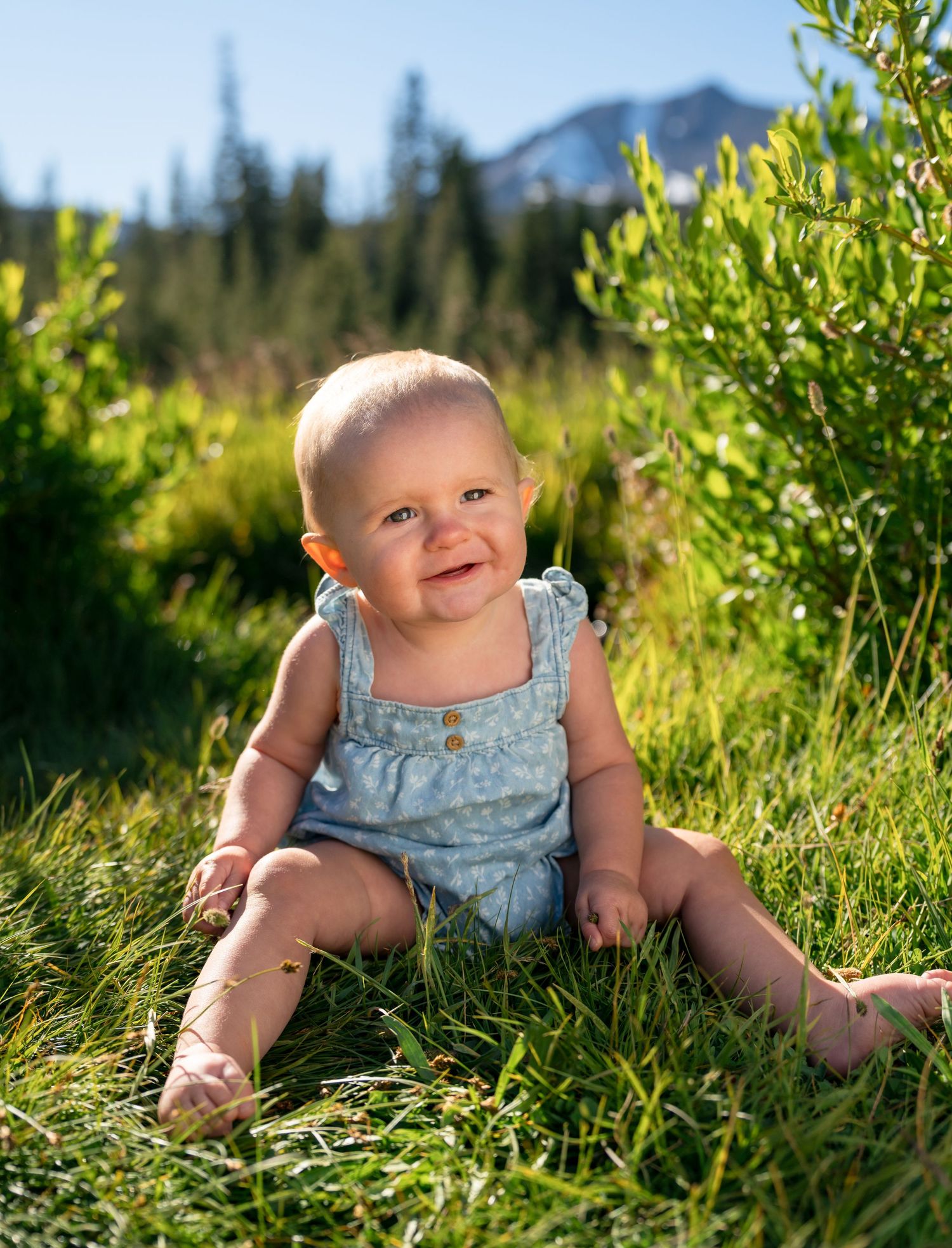 A happy baby in a blue romper sits smiling in green grass with pine trees and mountains in the background.
