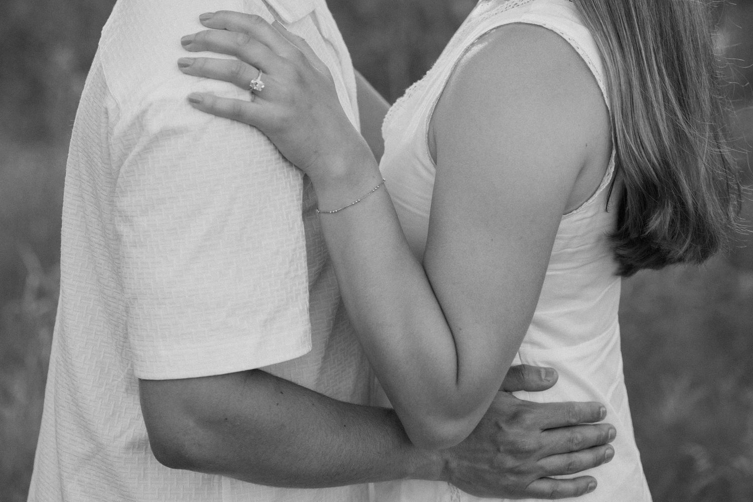 engagement session, black and white, hands on waist, engagement ring