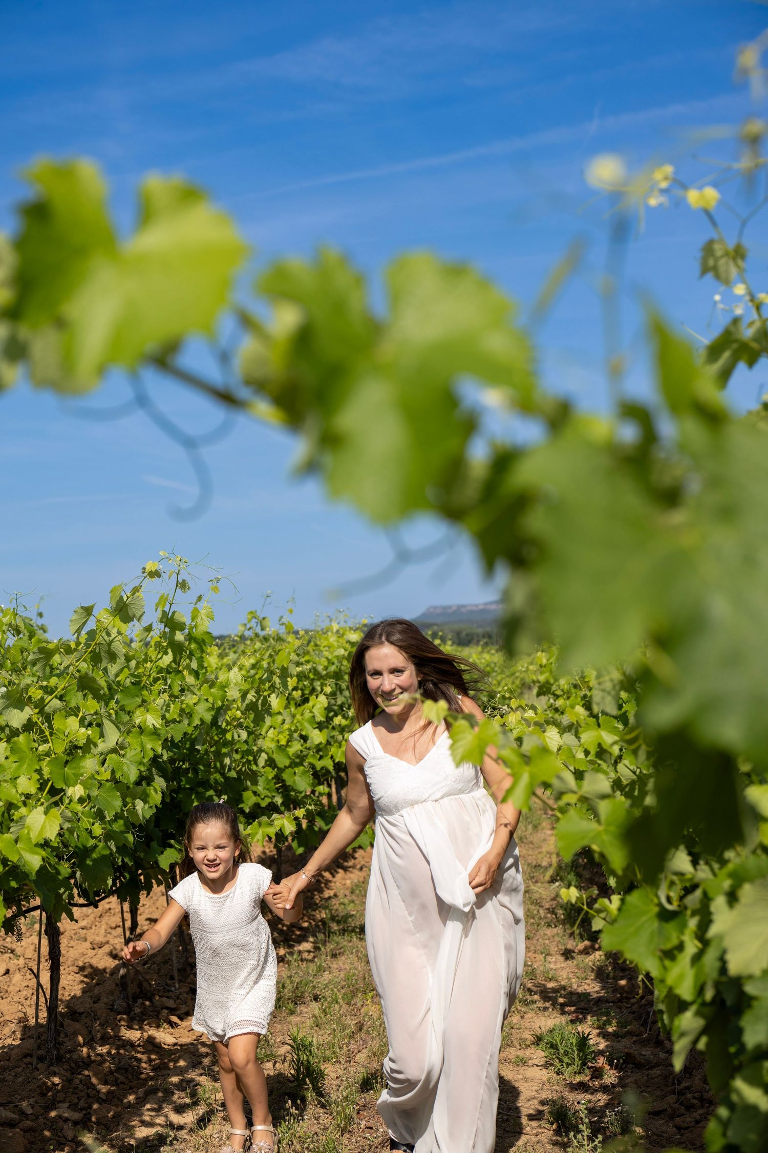 Future maman et enfant marchant dans les vignes pendant une séance photo maternité dans le Var