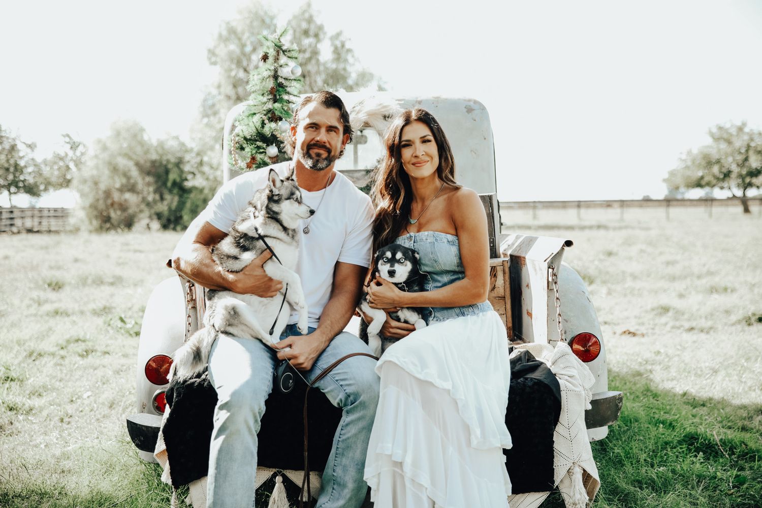 Two people in wedding attire sit on a vintage scooter in a sunny meadow with trees in the background.