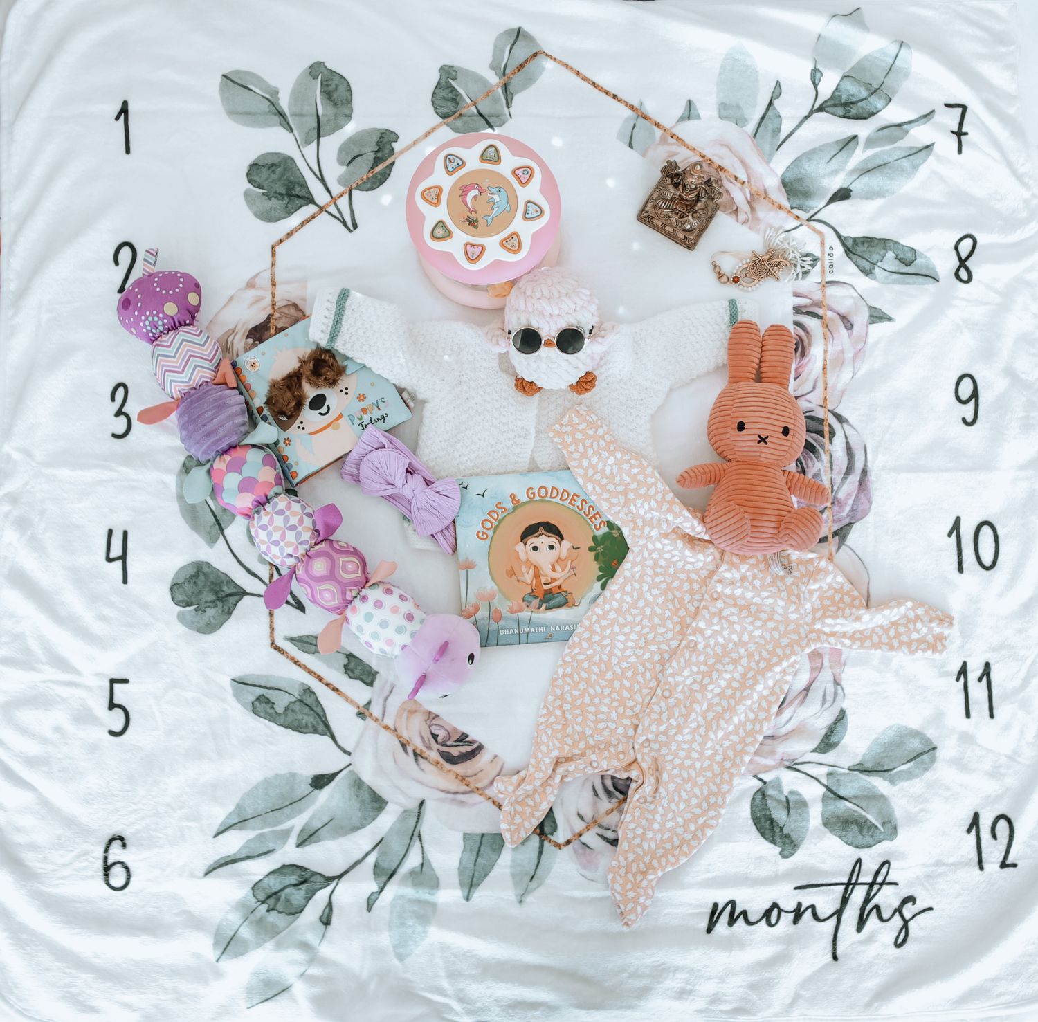 Baby milestone cards featuring floral designs and monthly numbers laid on white fabric with eucalyptus leaves.