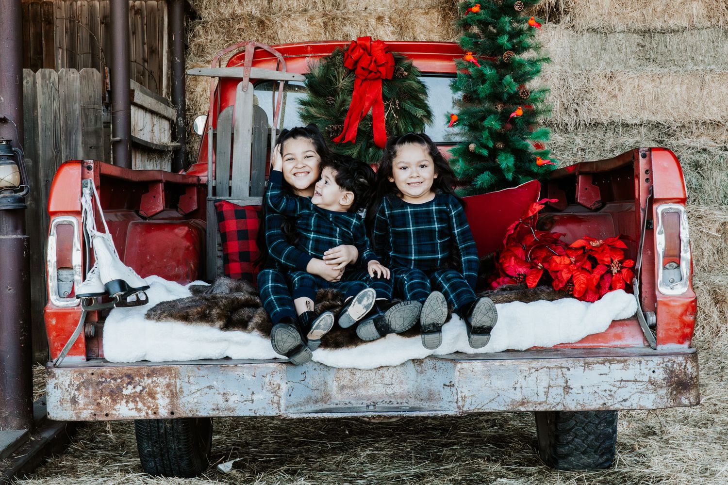 Family sits on rustic stone steps decorated with Christmas trees, red bows, and holiday decor in a cozy outdoor setting.