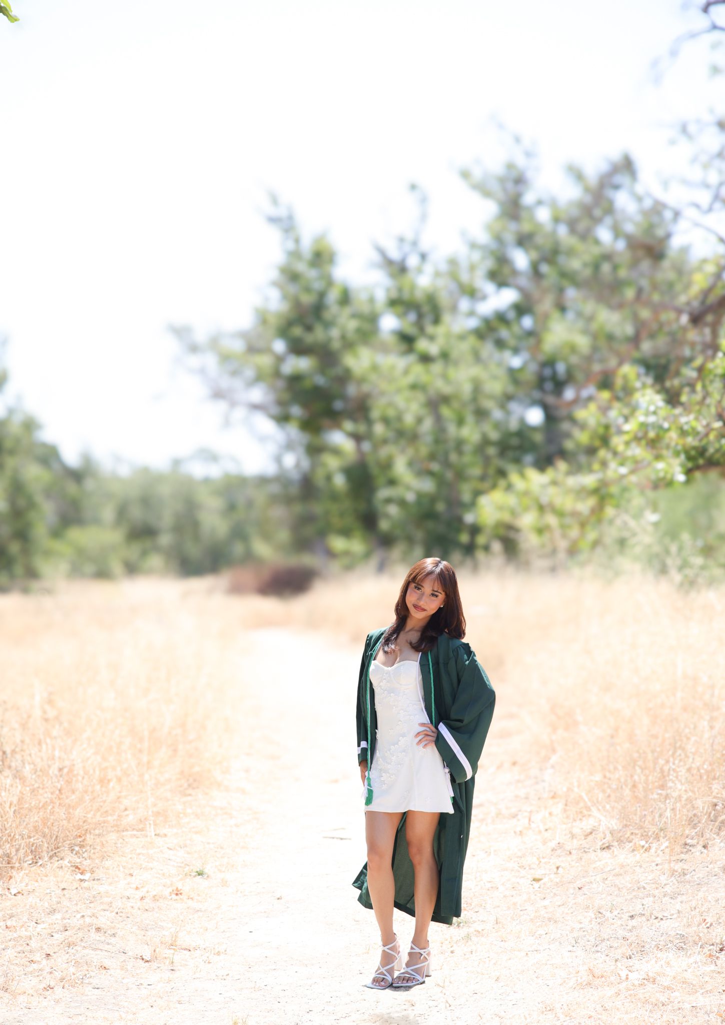 A sequence of four shots in meadow field showing someone walking in green jacket and white dress in golden sunlight.