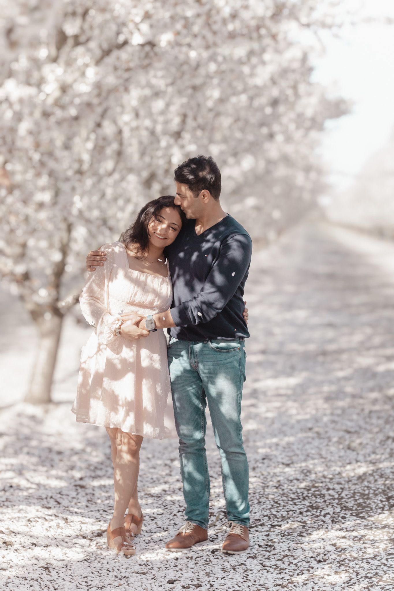 A couple shares a romantic moment under blooming cherry blossoms on a sunlit spring day.