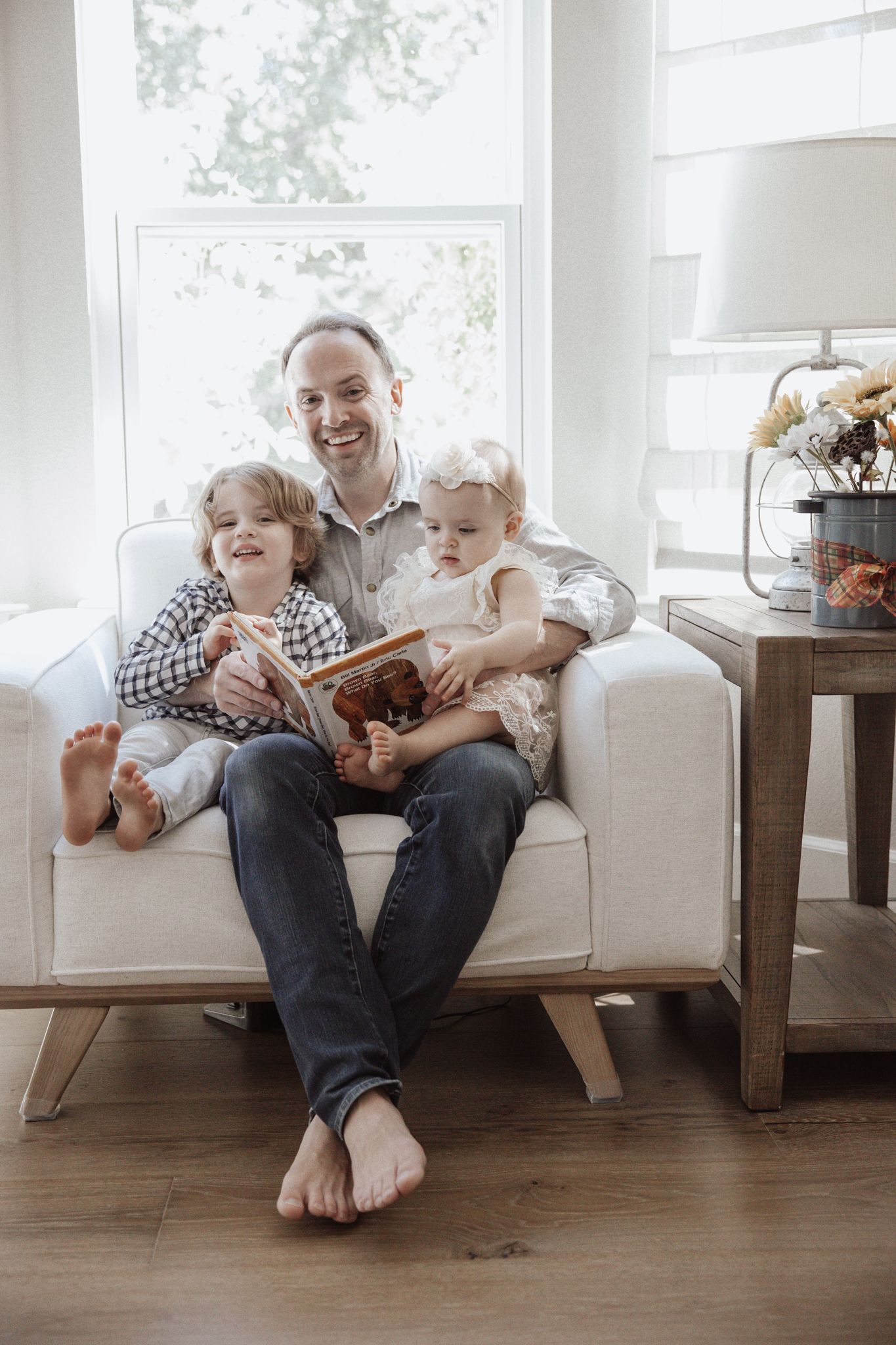 A heartwarming candid photo sequence showing playful interaction between a young child and adult on a light-colored sofa.