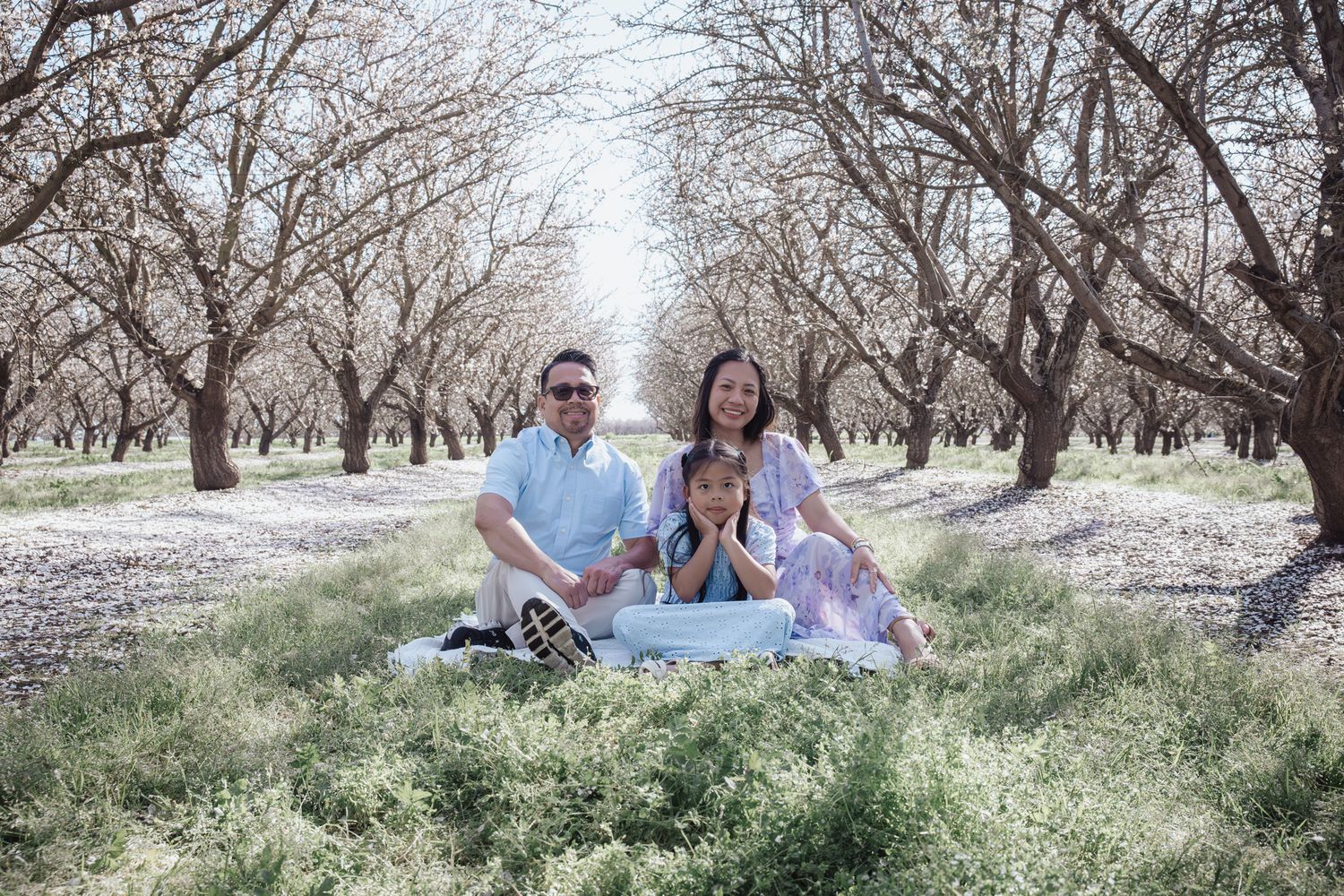 Family enjoying a spring day together among blooming almond trees in an orchard.