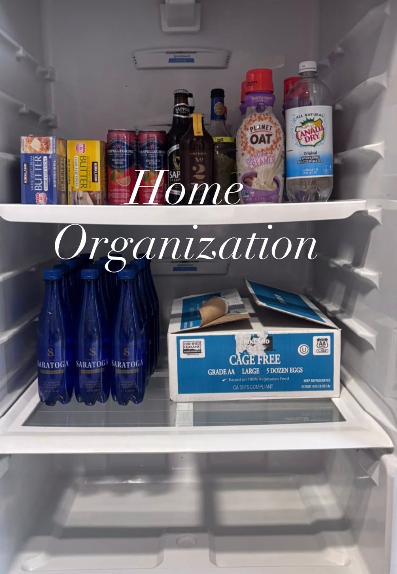 Neatly organized refrigerator with beverages, eggs, and groceries arranged for home organization service.