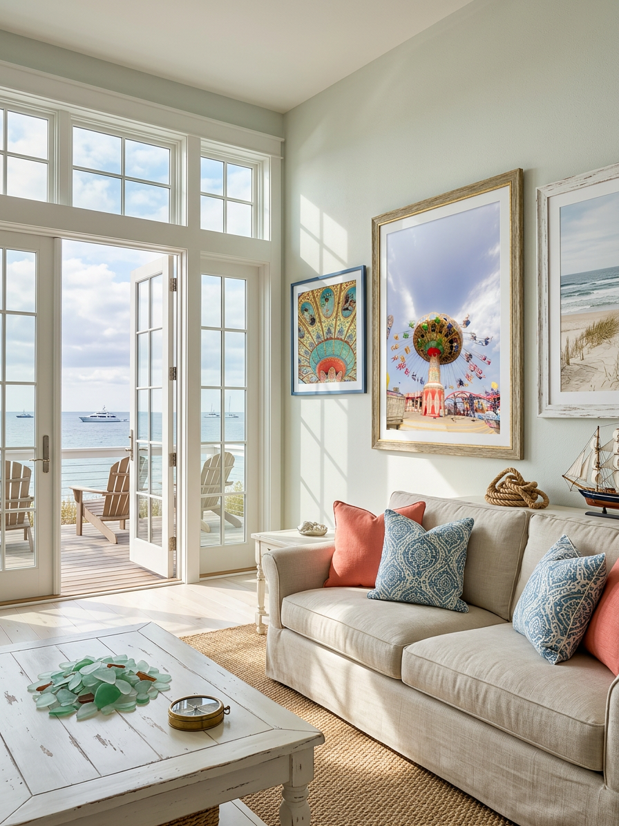 Bright coastal living room with beige sofa, coral pillows, ocean view, white French doors, and colorful beach artwork on walls.