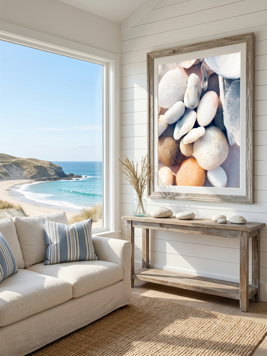 Coastal living room with ocean view, framed beach stone art, rustic console table, and neutral sofa with blue striped pillows.