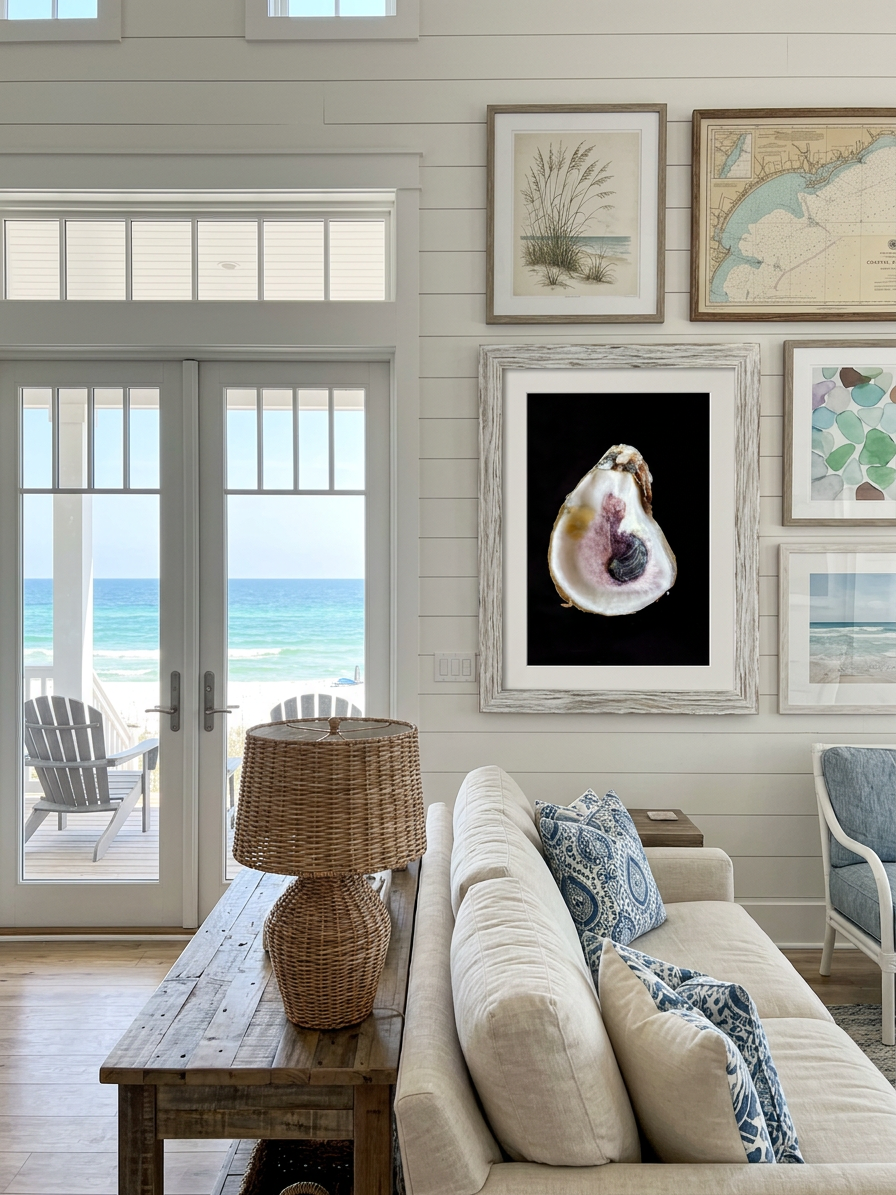 Coastal living room with beige sofa, wicker lamp, gallery wall art, and French doors overlooking a sandy beach.