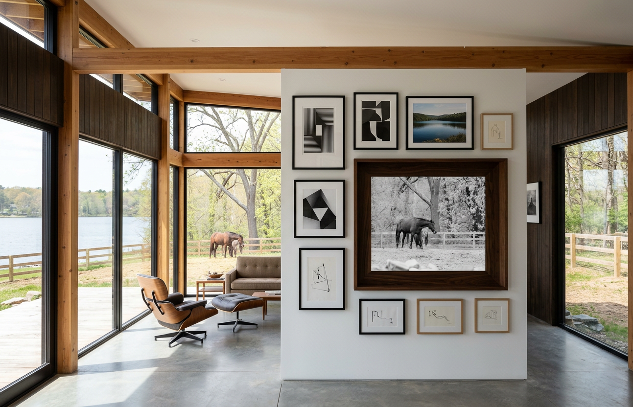 Modern living room with Eames lounge chair, gallery wall featuring horse photography, and floor-to-ceiling windows overlooking a lake.