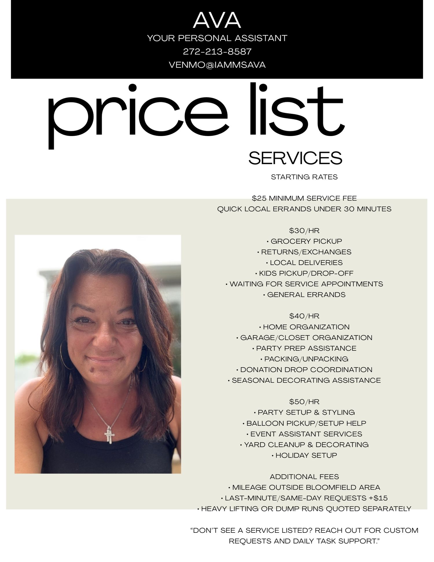 AVA personal assistant price list showing services starting at $25 with home organization and errand running options.