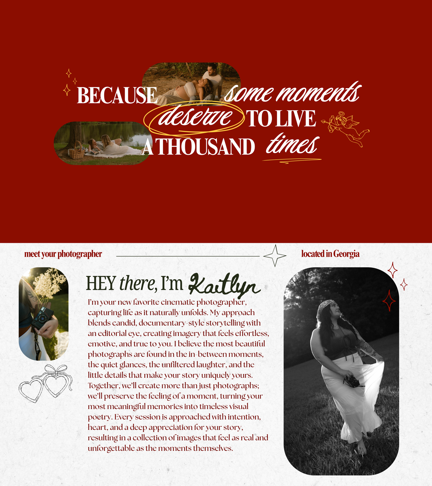 Red website banner for Kaitlyn, a Georgia cinematic photographer, with the text Because some moments deserve to live a thousand times.