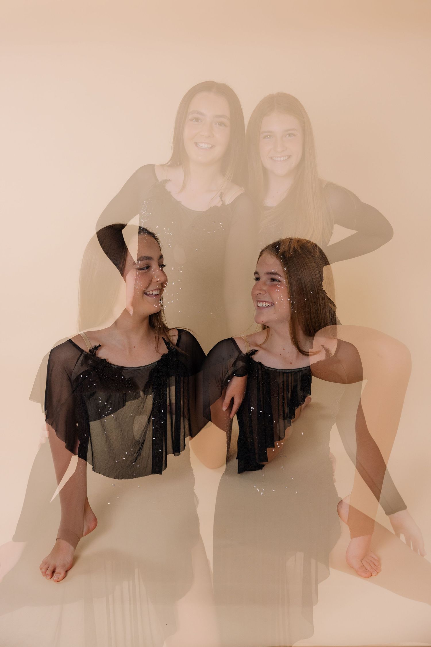 Ethereal double exposure portraits showing joyful interactions in warm tones.
