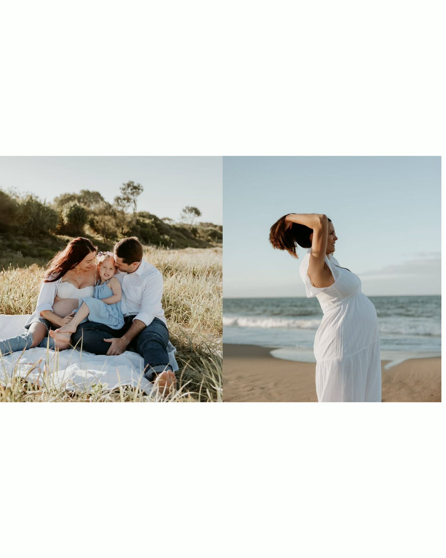Collection of candid beach moments showing playful interaction against coastal backdrop.