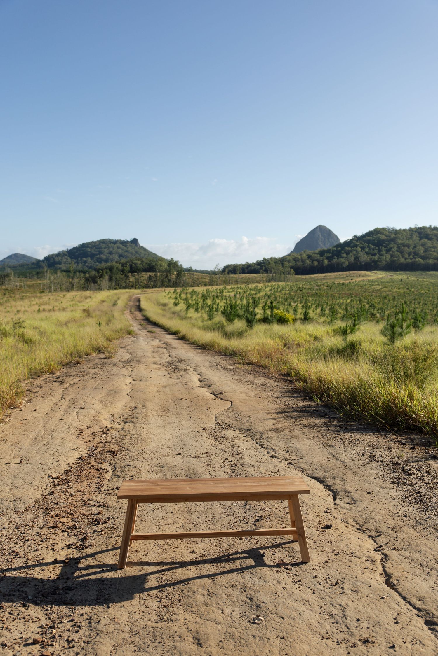 A wooden bench sits on a dirt road leading towards mountains under a clear blue sky.