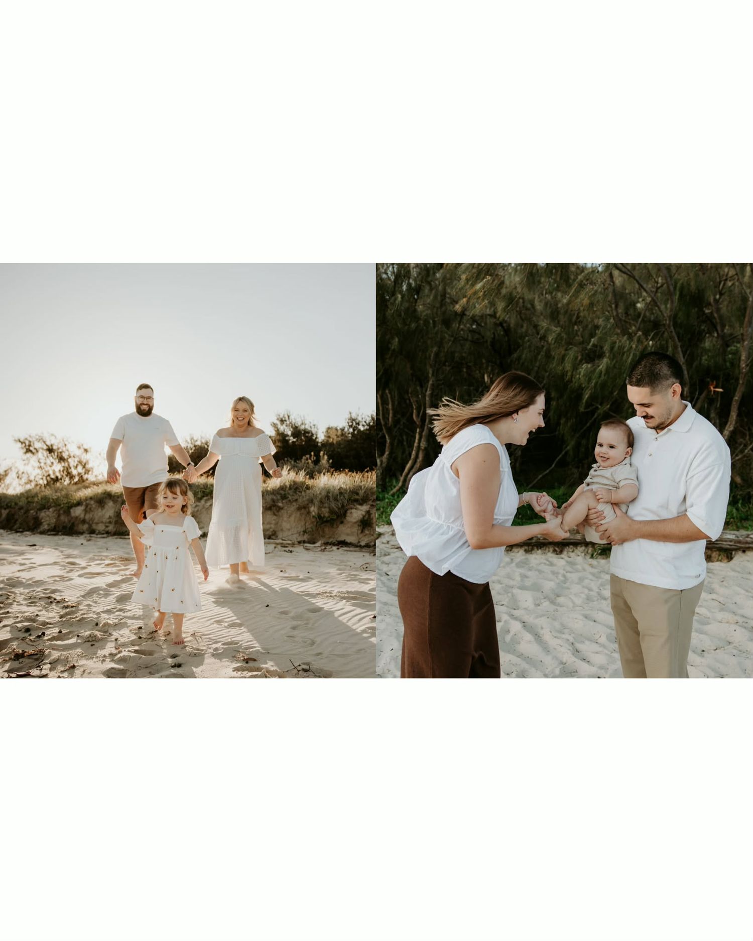 A series of candid beach photos showing a family playing together in the sand at sunset.