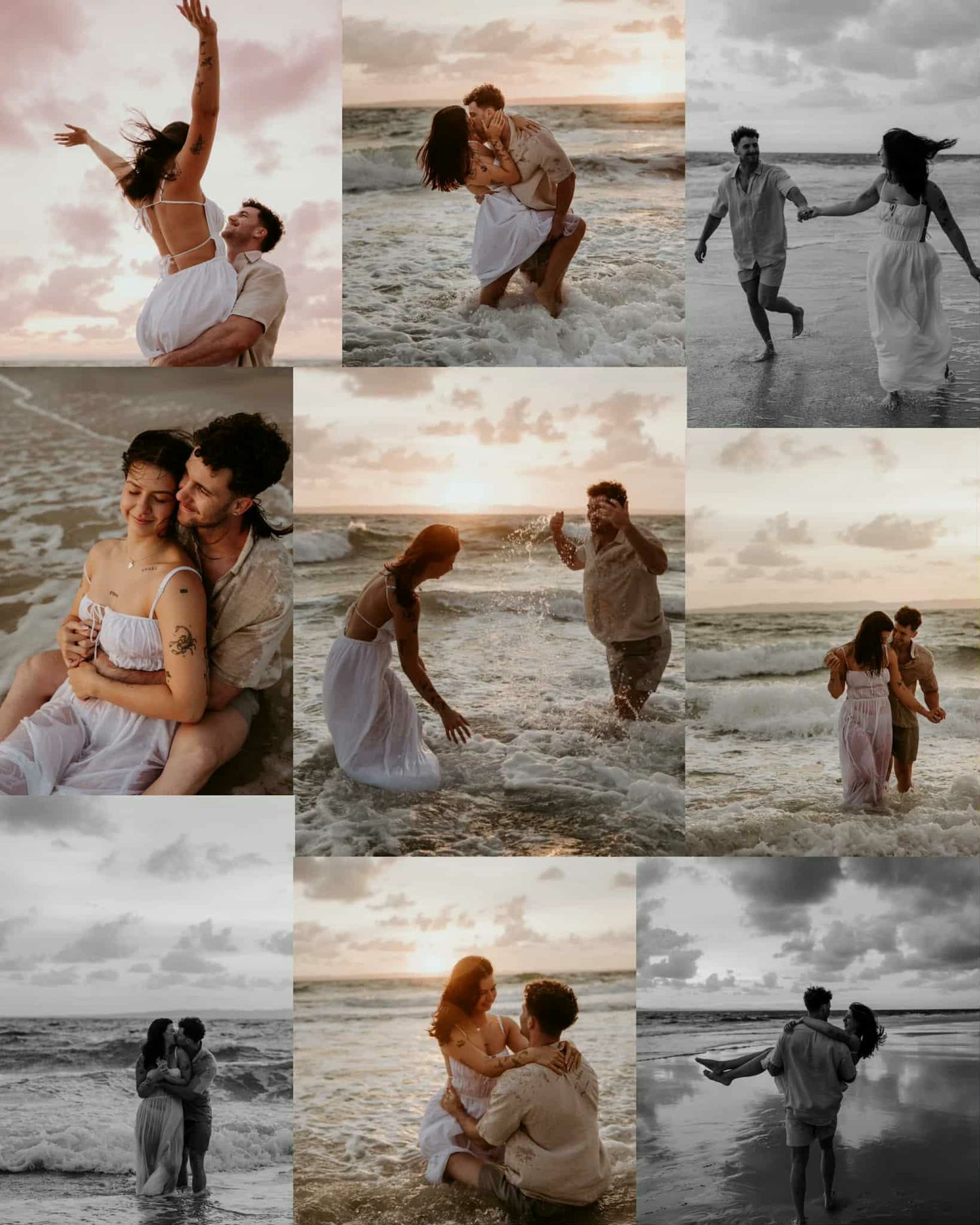 Series of romantic beach photographs showing joyful moments at sunset.