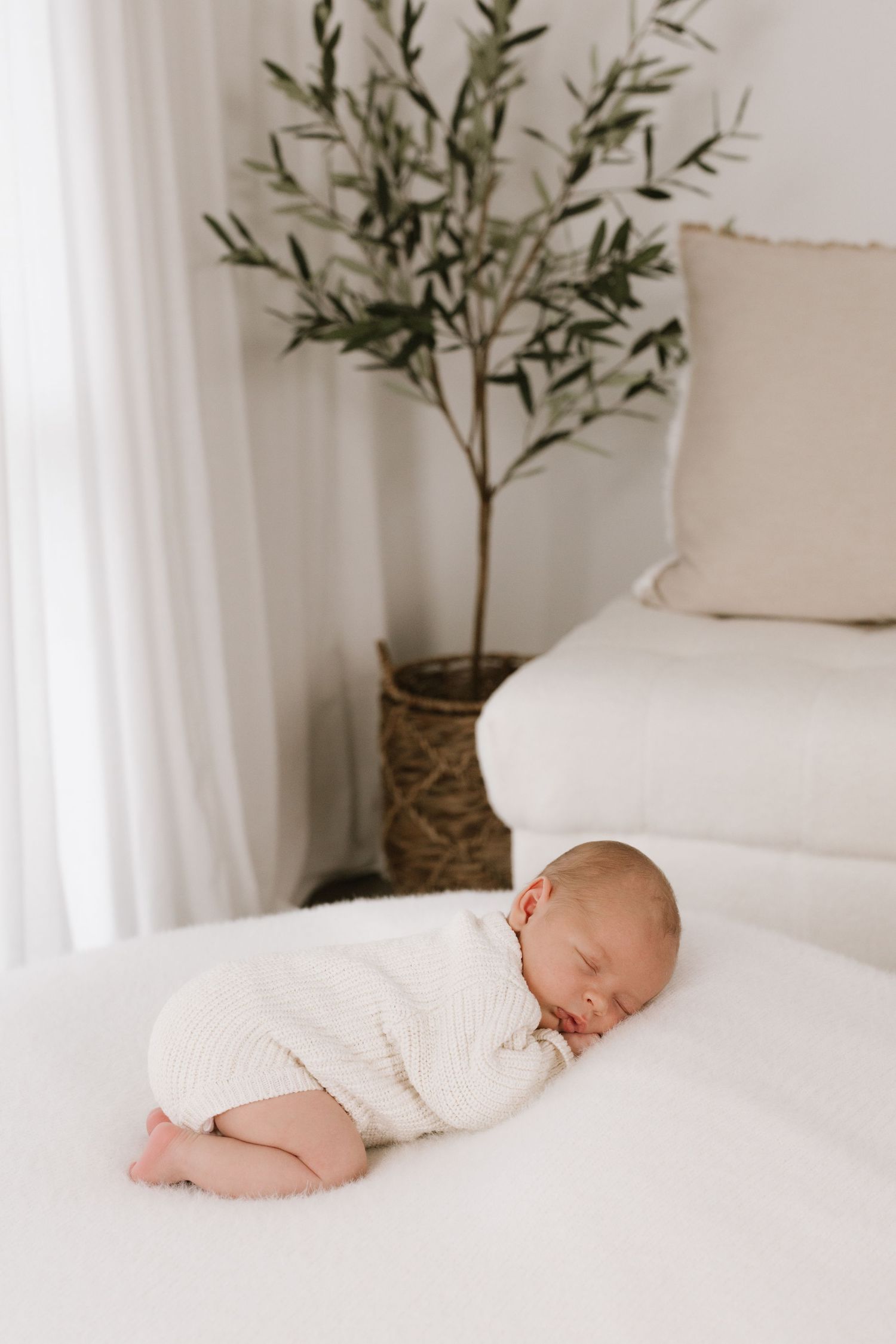 Sleeping newborn baby in white outfit on bed next to potted plant.